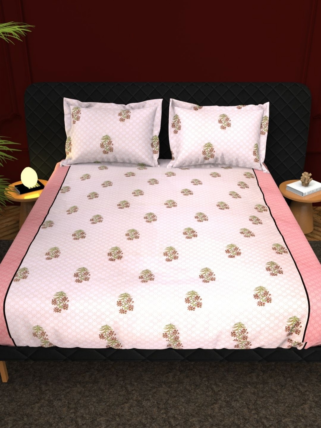 

THE WHITE MOSS White & Pink Floral Cotton 210 TC King Bedsheet Set 2.75 m x 2.75 m
