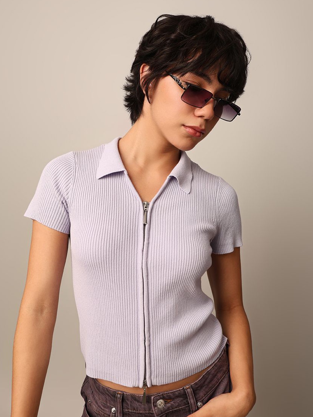 

ONLY Women Shirt Collar Crop Top, Purple