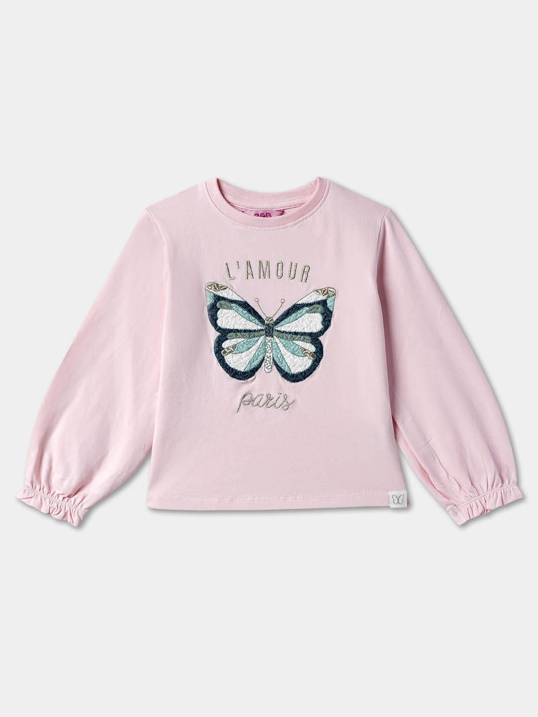 

R&B Girls Graphic Printed Puff Sleeve Cotton Top, Pink