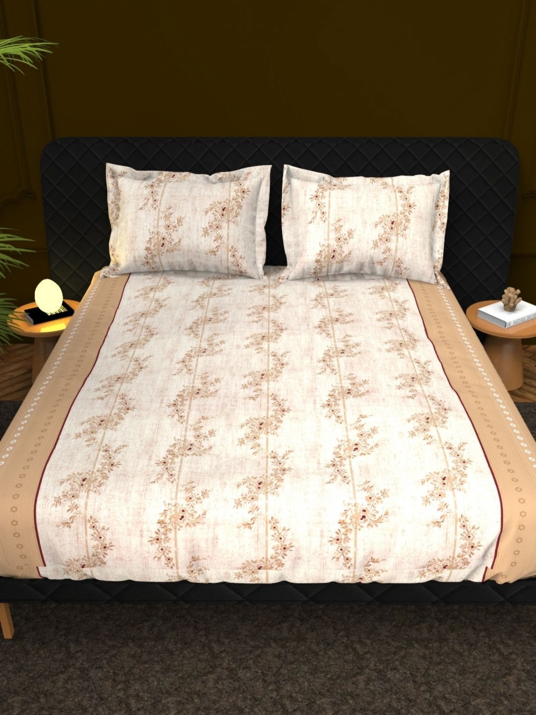 

THE WHITE MOSS Cream-Coloured Floral Cotton 210 TC King Bedsheet Set 2.75 m x 2.75 m