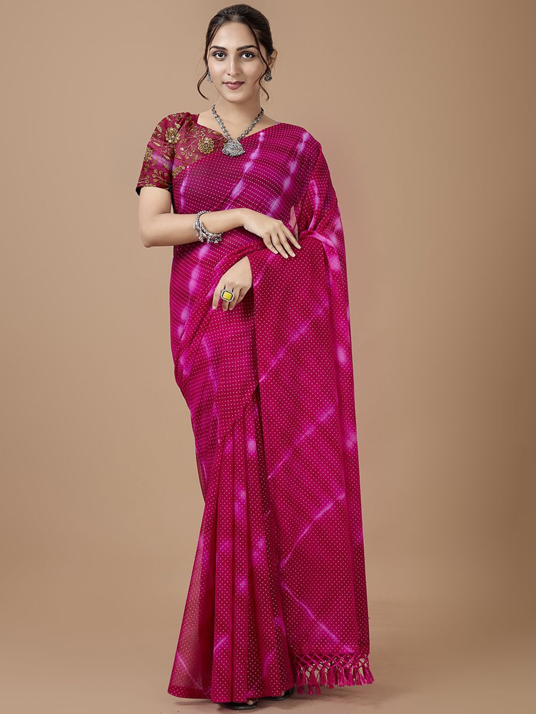 

NIRMAL CREATION Polka Dot Printed Saree with Blouse Piece, Pink