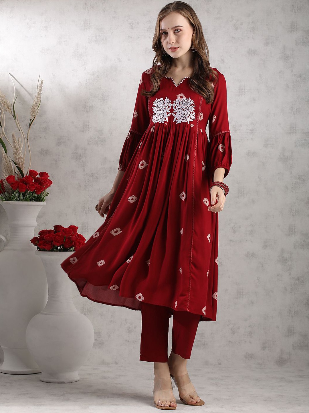 

Anni Designer Floral Embroidered Anarkali Kurta With Trouser, Maroon