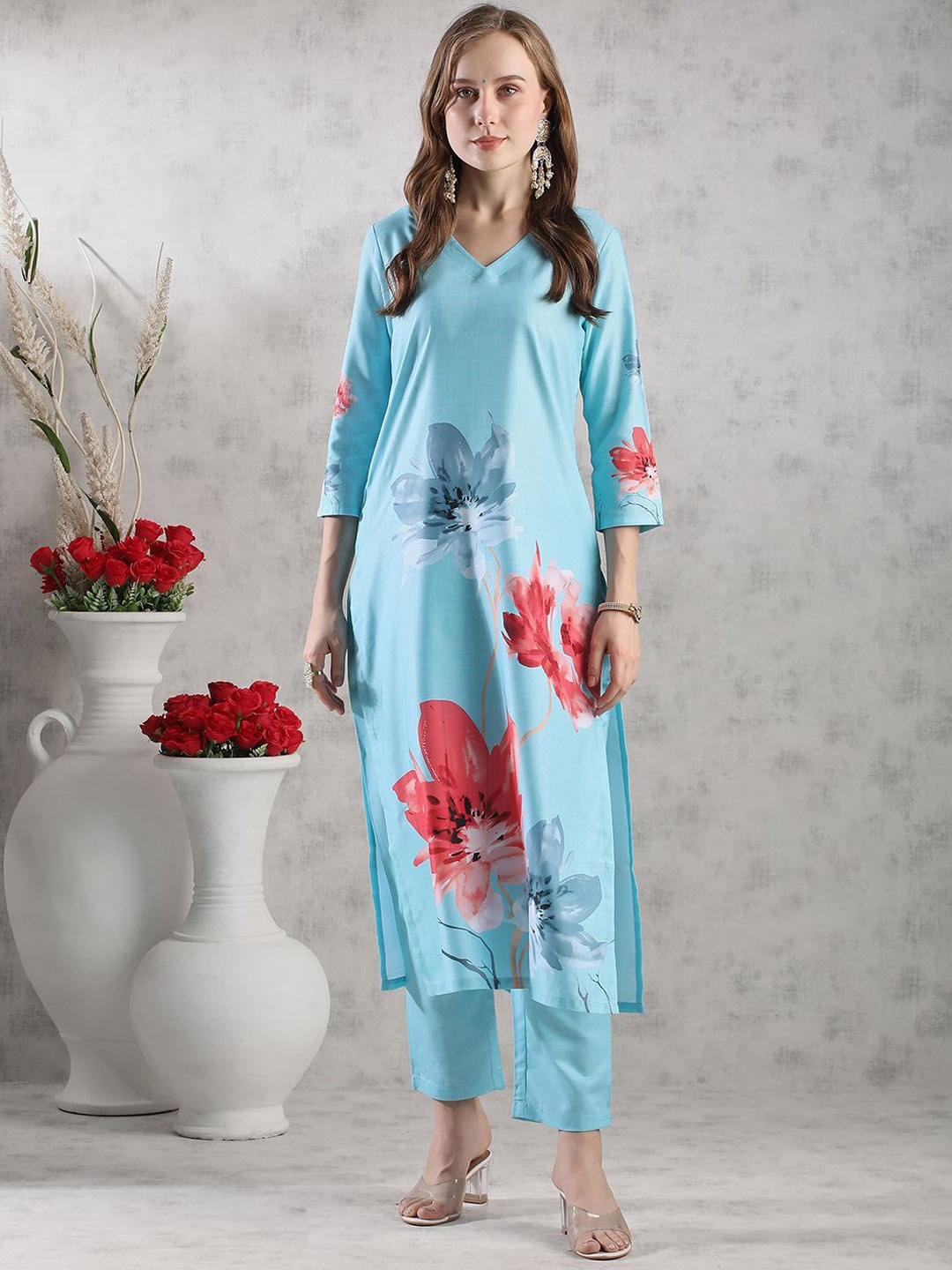 

KALINI Floral Printed V-Neck Straight Kurta with Trouser, Blue