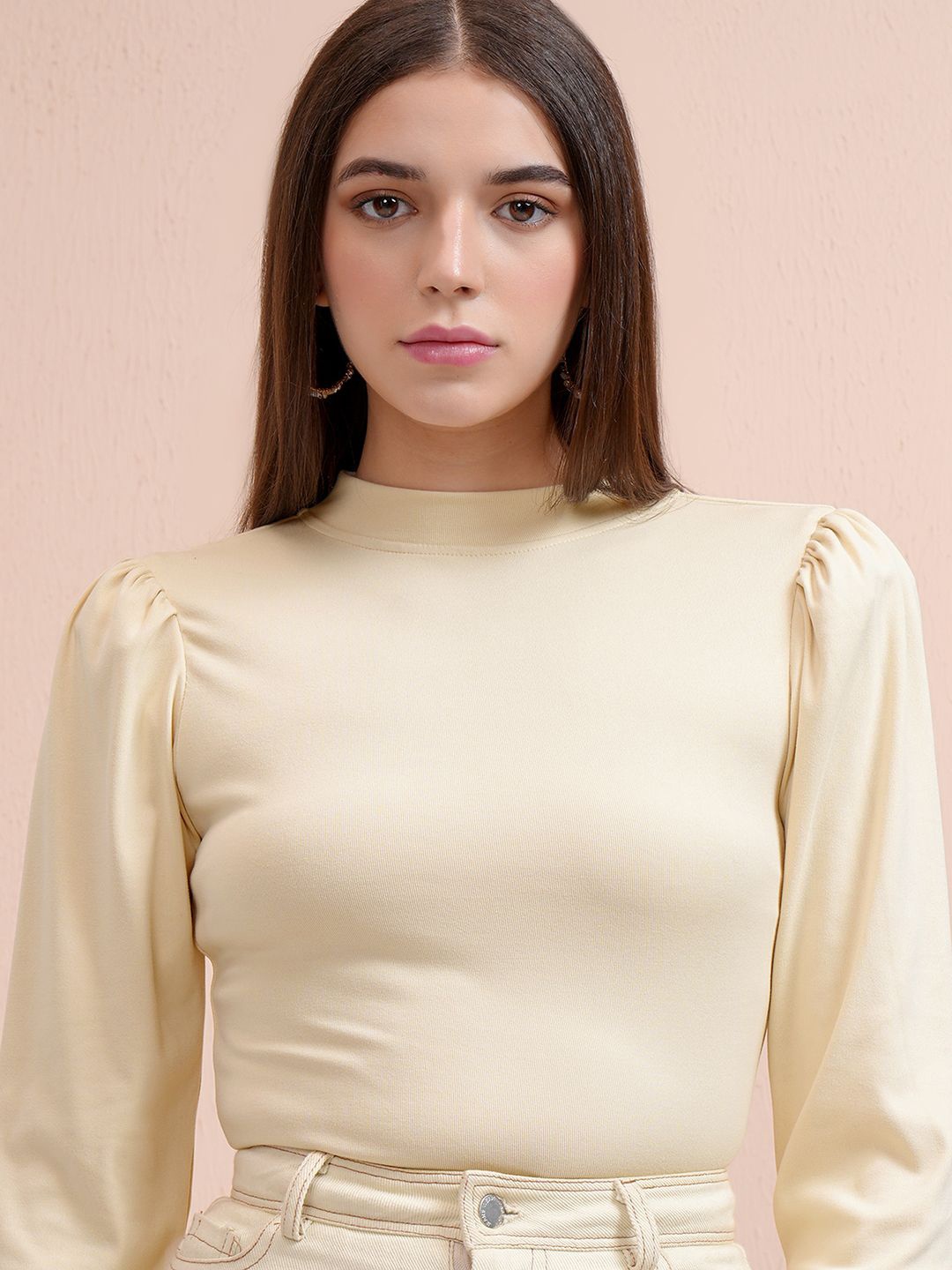 

Tokyo Talkies Women Puff Sleeve Cotton Top, Beige