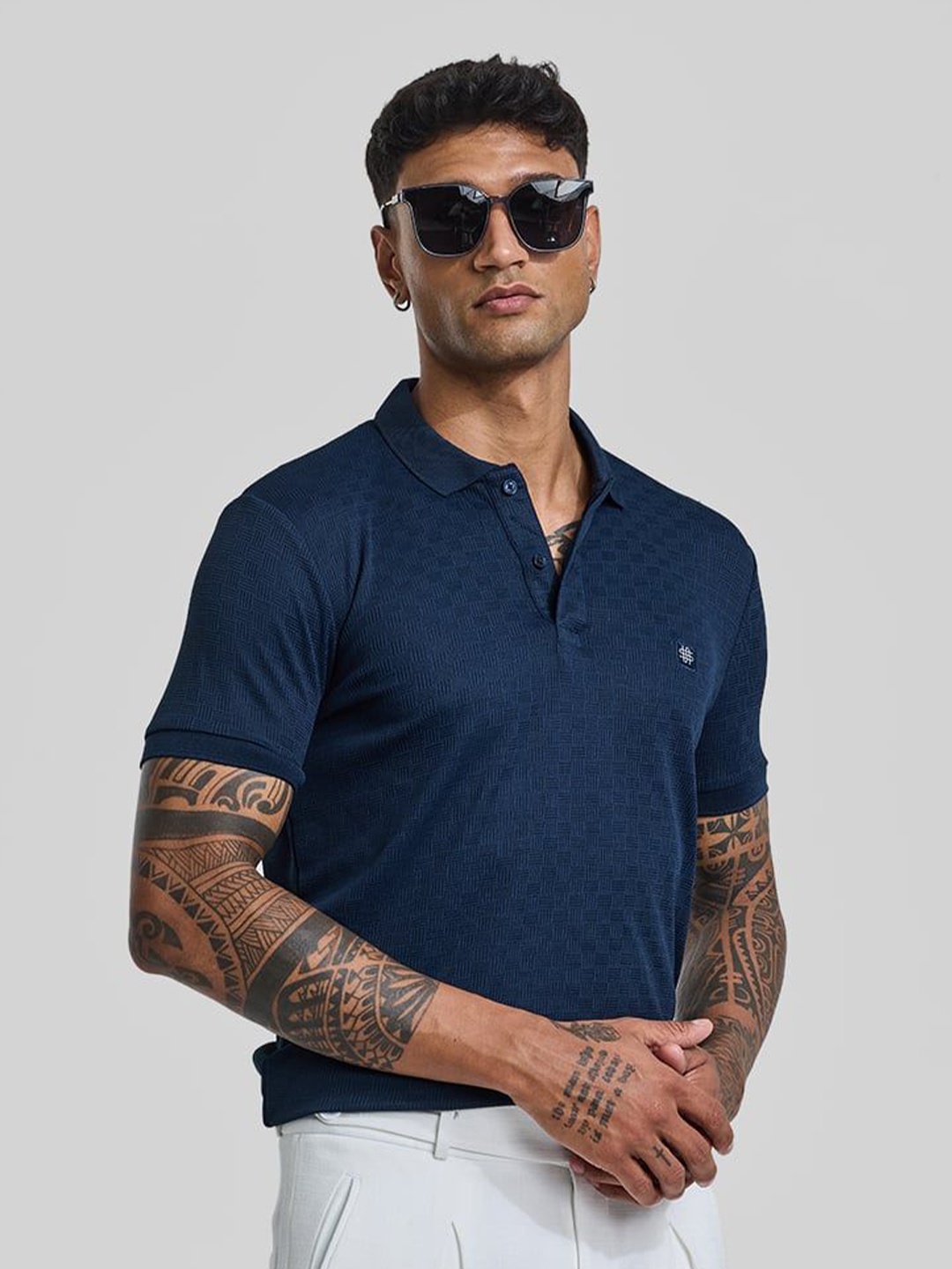 

Snitch Men Self Design Polo Collar Cotton Slim Fit T-shirt, Navy blue