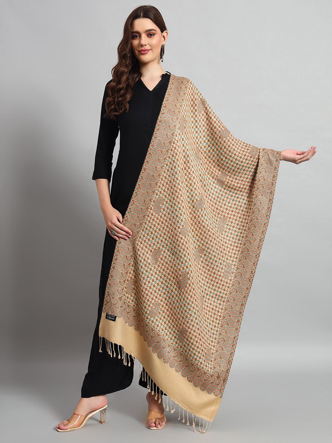 

HANDICRAFT PALACE Women Woven Design Tasselled Stole, Beige