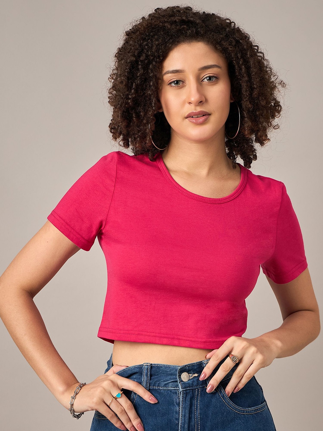 

Mayra Women Solid Round Neck Cotton T-shirt, Fuchsia