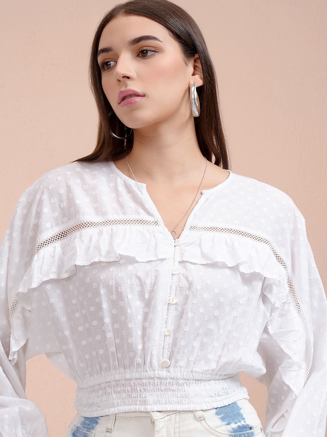 

Tokyo Talkies Women Geometric Print Batwing Sleeve Ruffles Cotton Crop Top, White