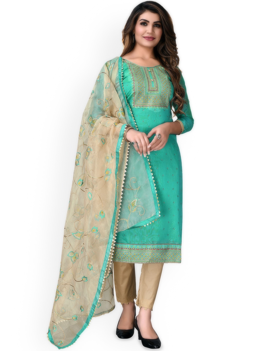 

Maroosh Ethnic Motifs Embroidered Zari Unstitched Dress Material, Sea green