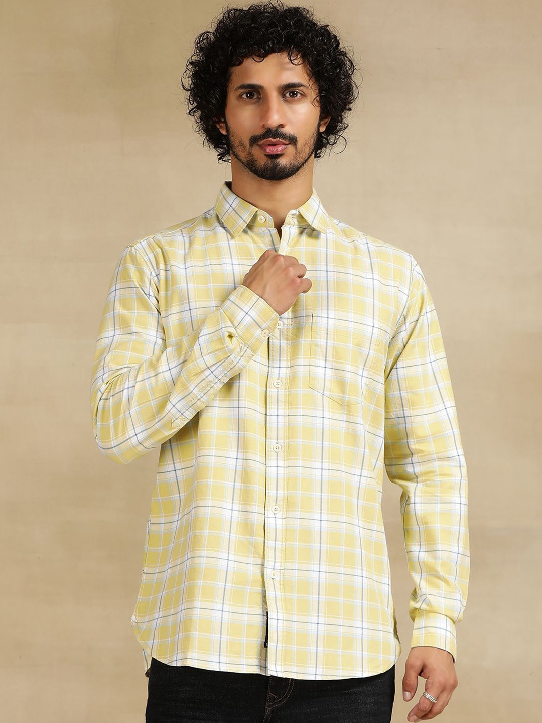 

JADE BLUE Men Cutaway Collar Tartan Checked Cotton Casual Shirt, Green