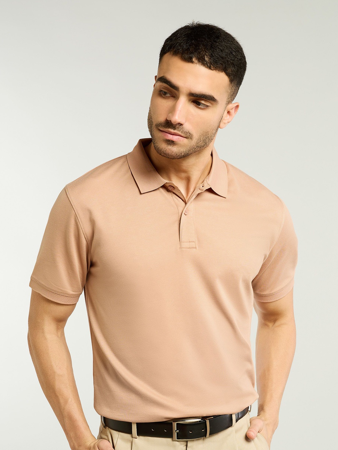 

Beyoung Men Solid Polo Collar Cotton T-shirt, Peach