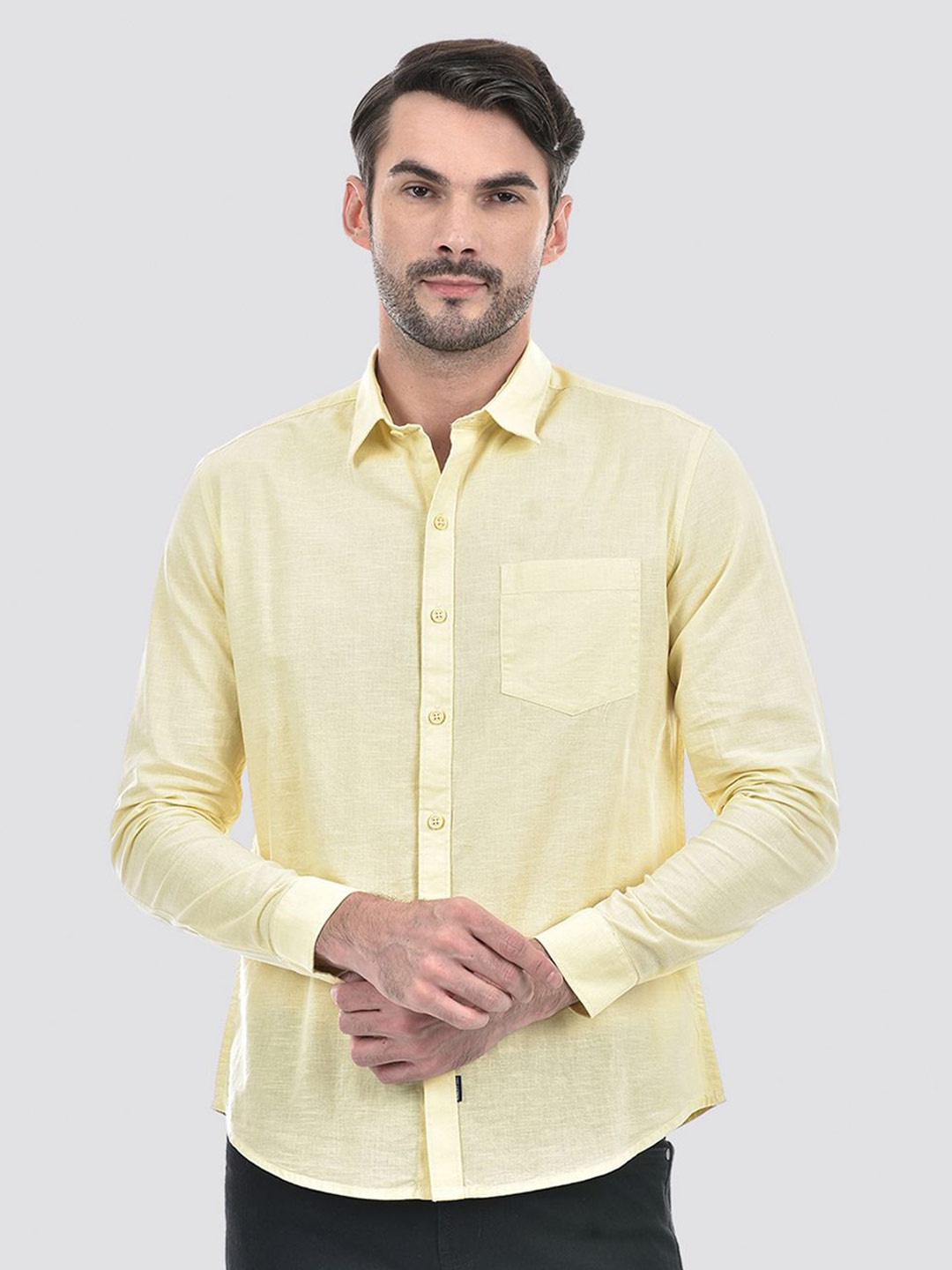 

Numero Uno Men Spread Collar Solid Cotton Slim Fit Casual Shirt, Yellow