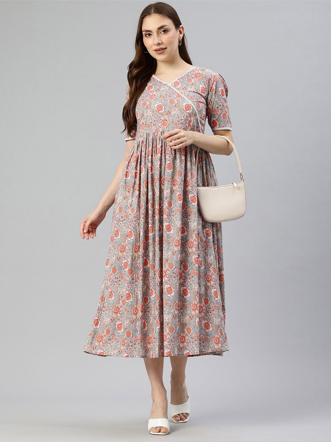 

Swishchick Women Floral Printed Cotton V-neck Fit & Flare Midi Dress, Brown