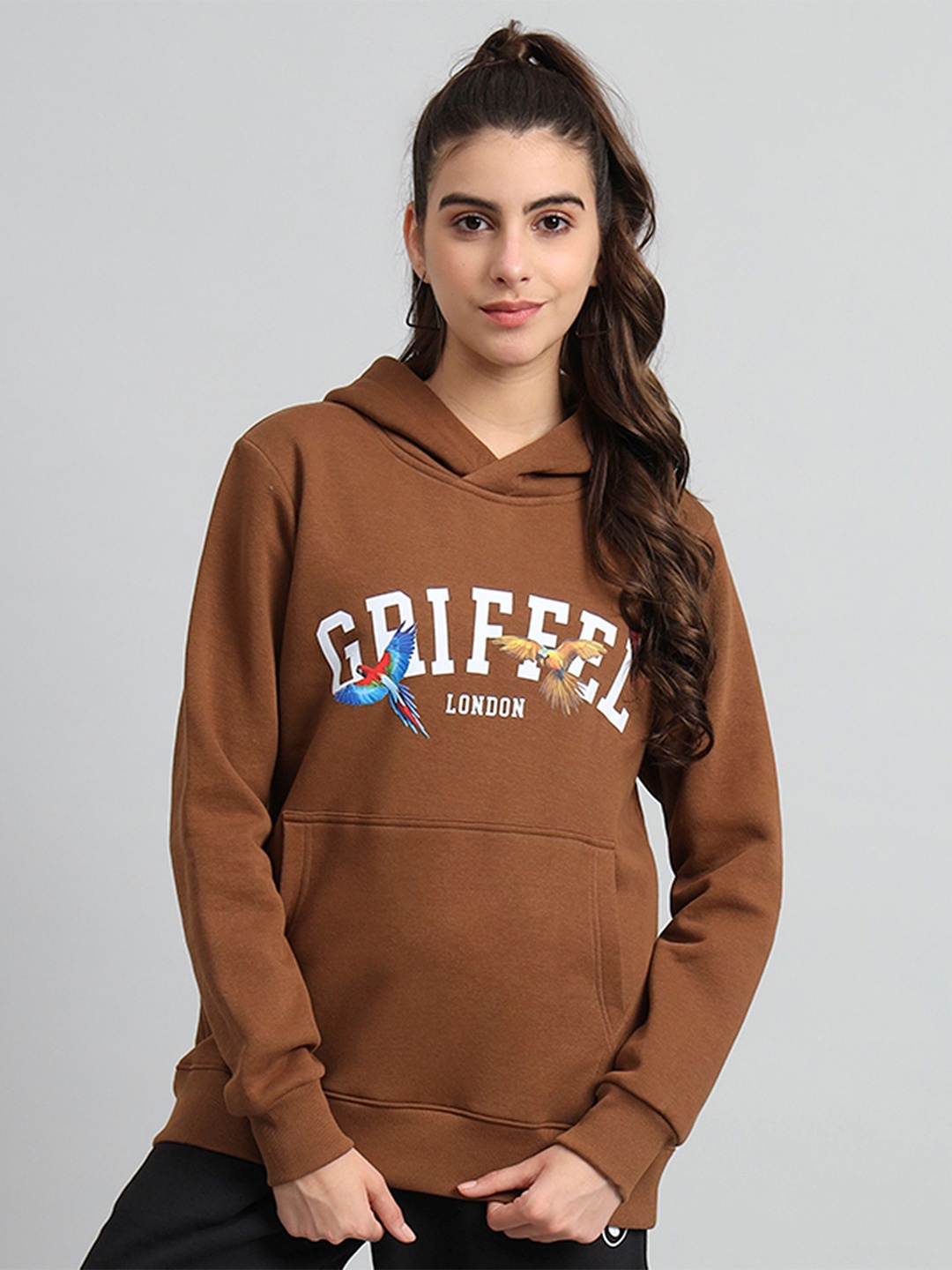 

GRIFFEL Women Alphanumeric Printed Hooded Sweatshirt, Brown