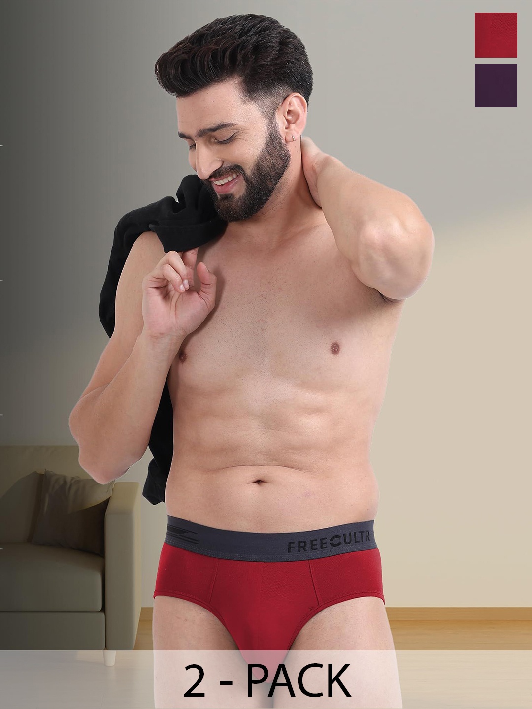 

FREECULTR Pack Of 2 Men Mid-Rise Anti-Bacterial Basic Briefs, Red