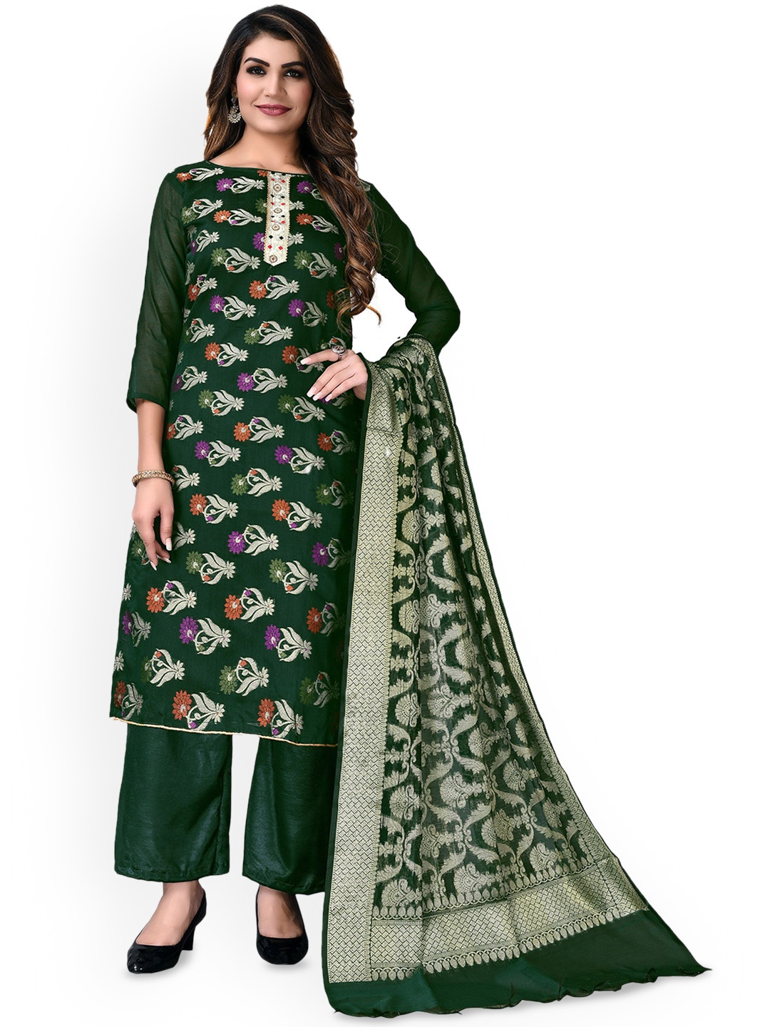 

Maroosh Floral Woven Design Gotta Patti Unstitched Dress Material, Green