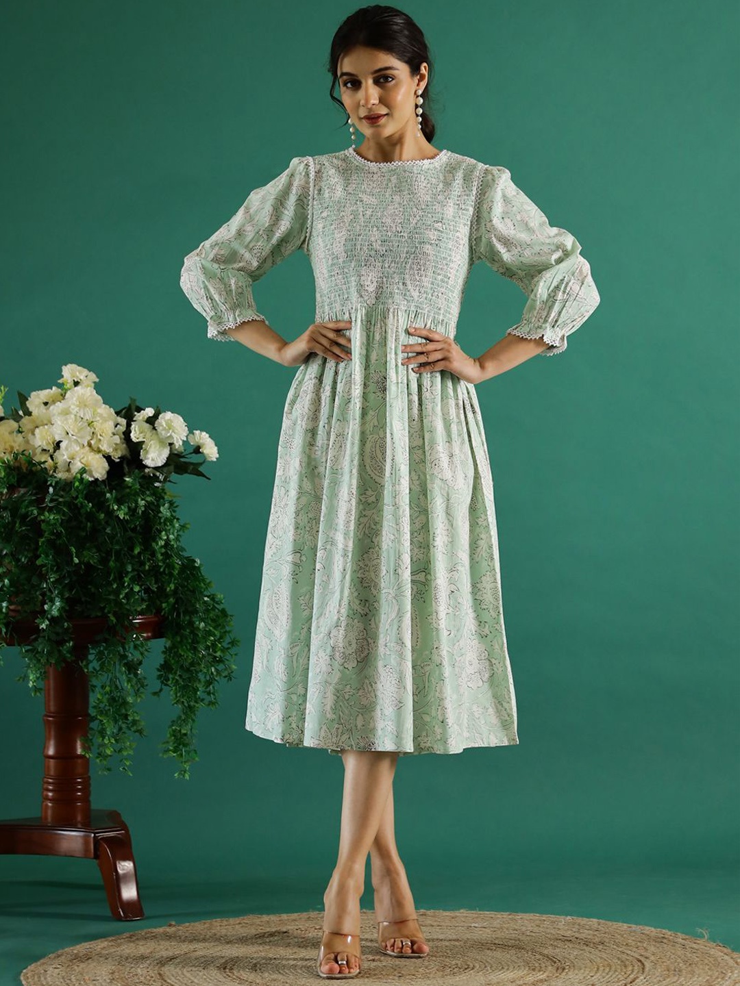 

Sangria Women Floral Printed Cotton Ethnic Dresses, Green