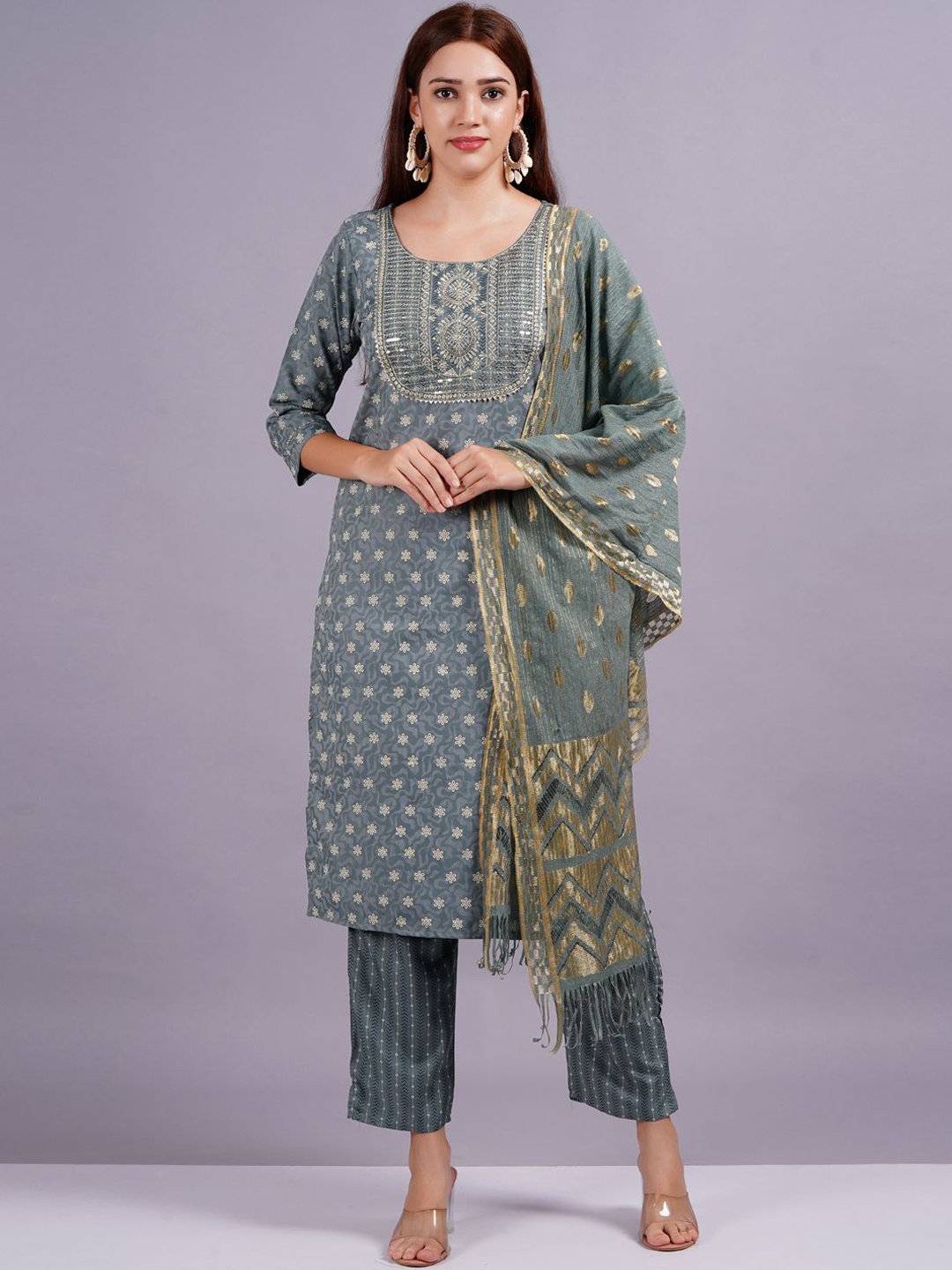 

KALINI Floral Printed Round Neck Straight Kurta with Trouser & Dupatta, Grey