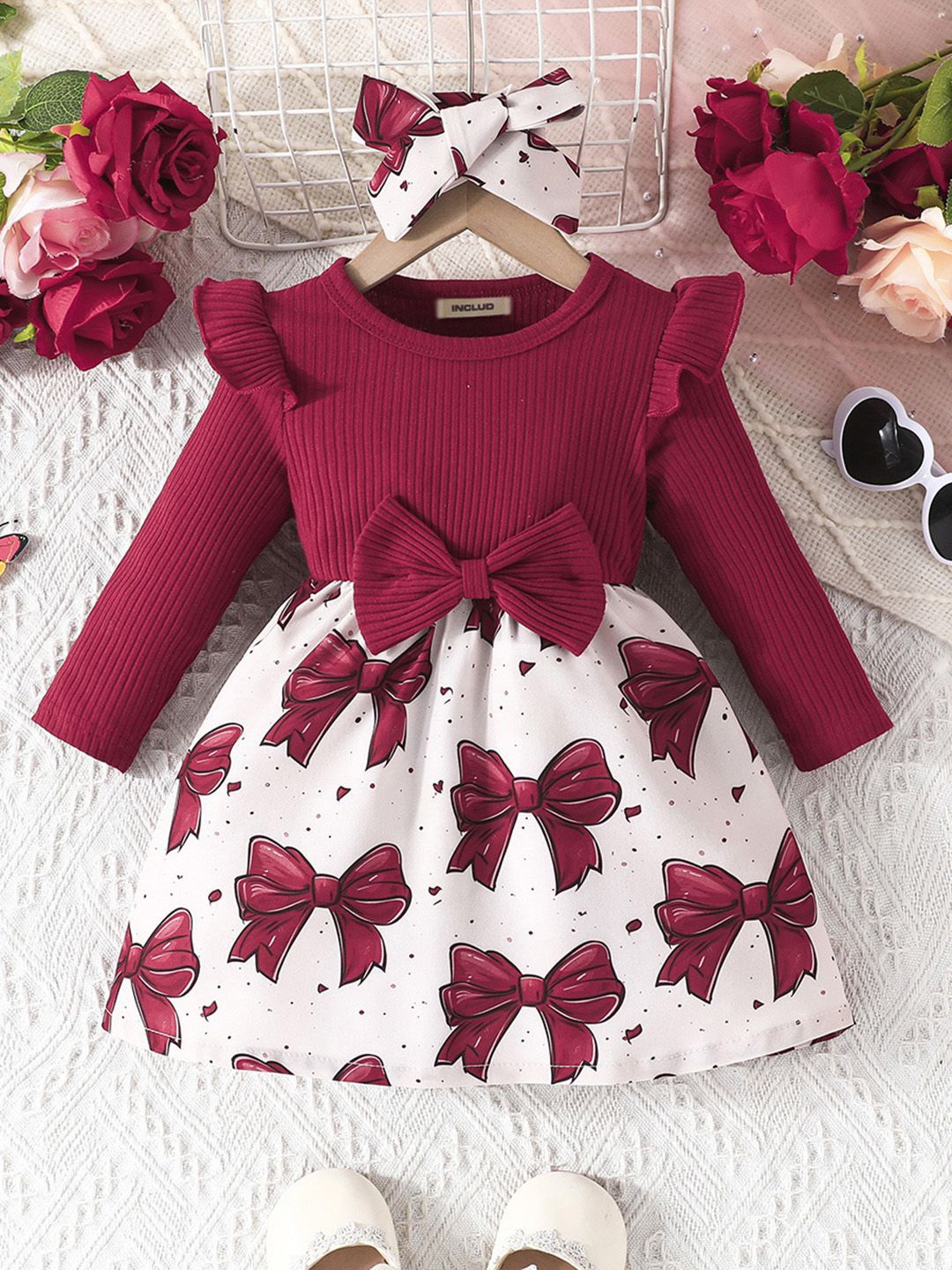 

INCLUD Girls Printed Fit & Flare Dress, Red