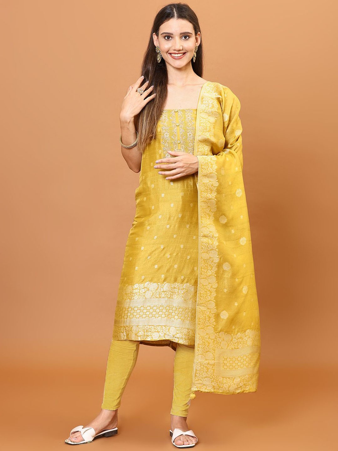 

Meena Bazaar Zari Embroidery & Woven Art Silk Unstitched Dress Material, Yellow