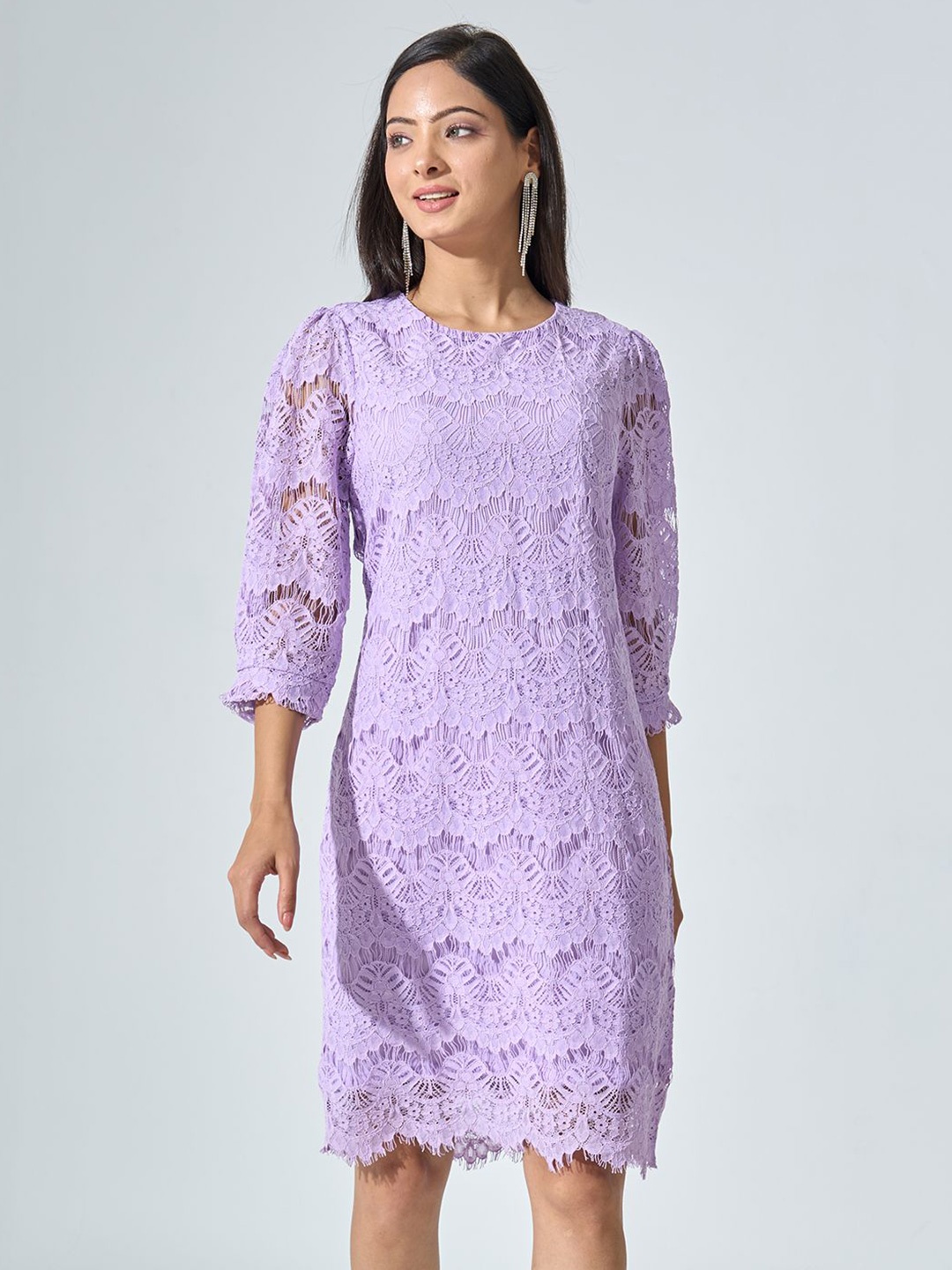 

SALT ATTIRE Women Self Design Puff Sleeve Sheath Dress, Purple
