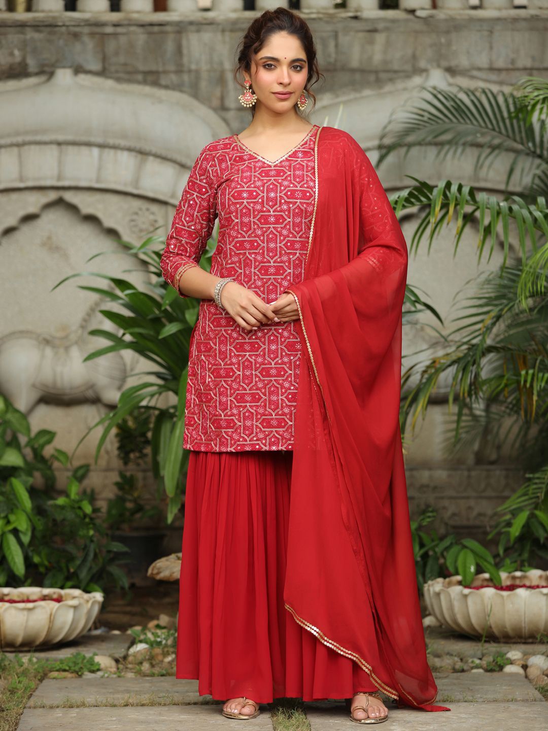 

Janasya Floral Printed Sequinned V-Neck Georgette Straight Kurti With Sharara & Dupatta, Red