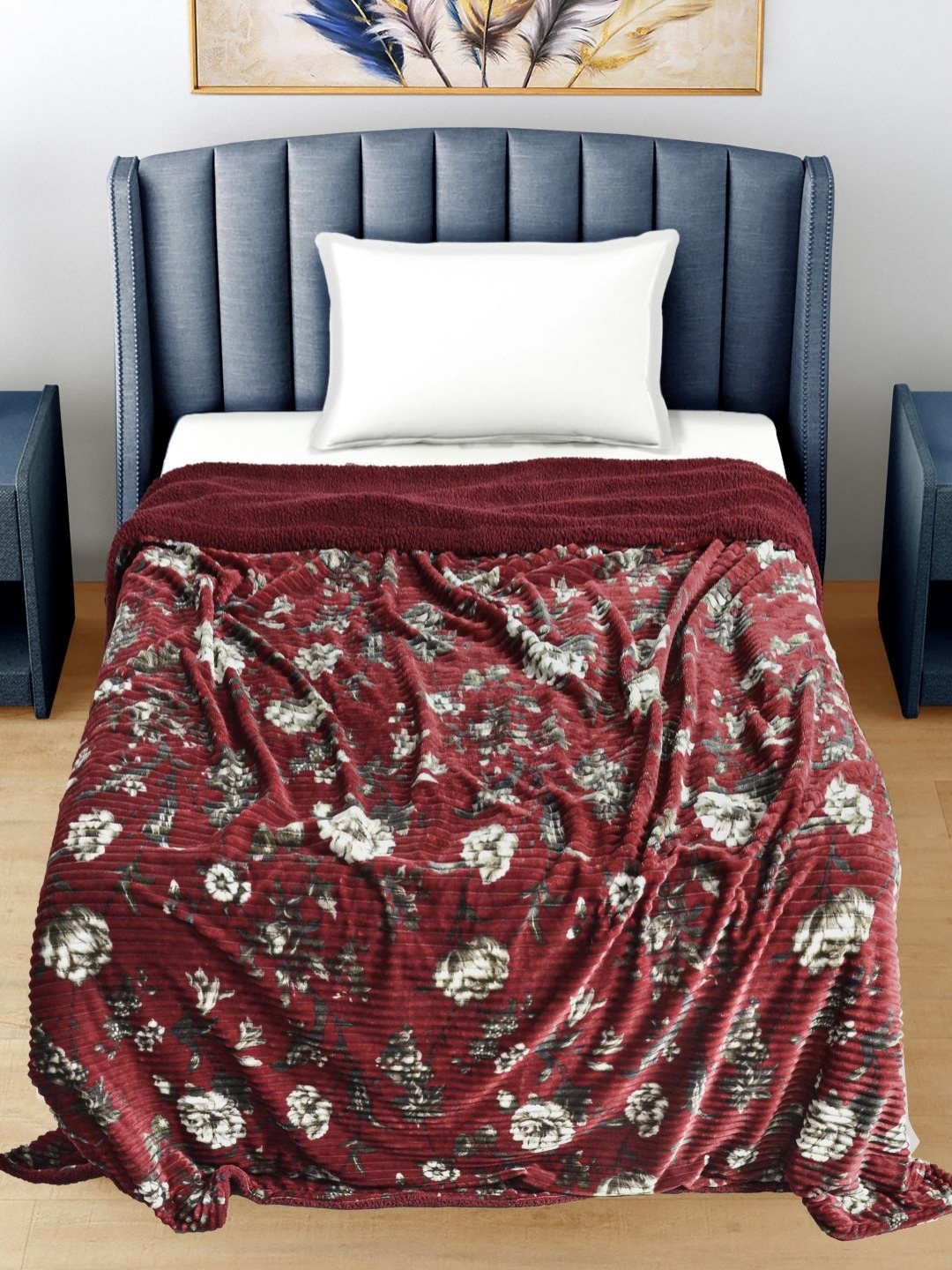 

FABINALIV Maroon & White Floral Woollen Mild Winter 400 GSM Single Bed Comforter