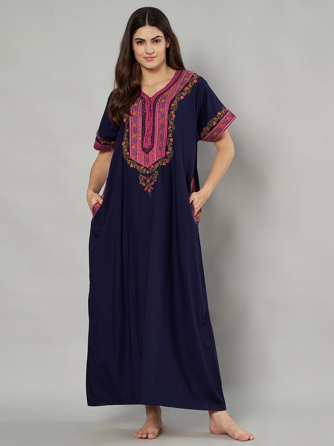 

KOI SLEEPWEAR Women Embroidered Maxi Nightdress, Navy blue