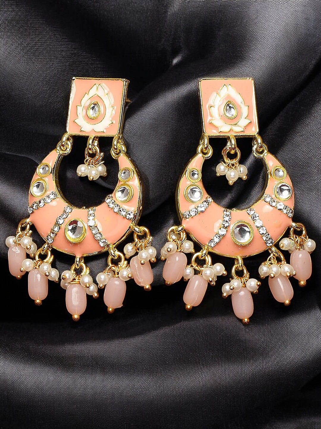 

OOMPH Floral Meenakari Kundan & Pearl Drop Earrings, Pink