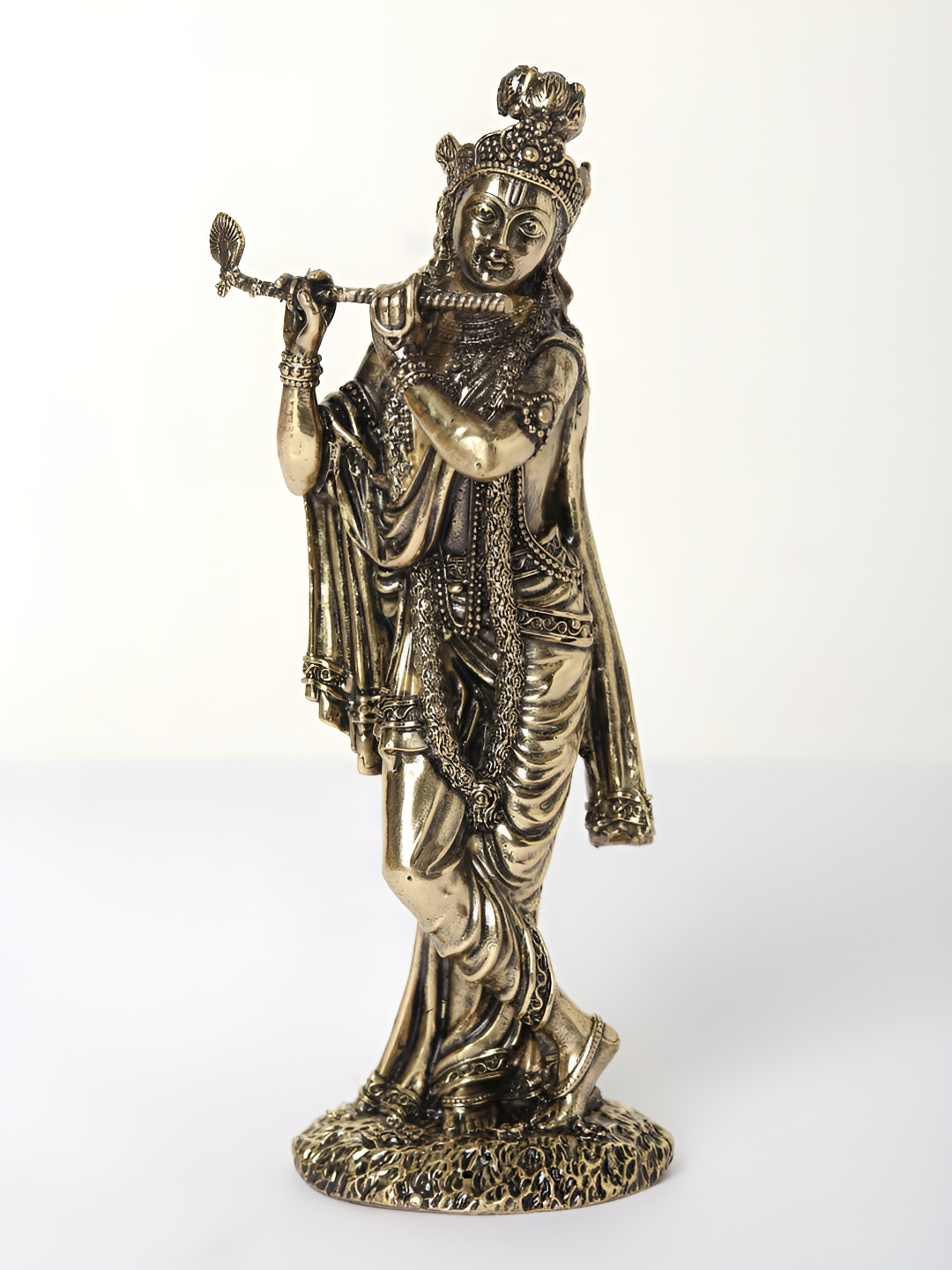 

Exotic India Brass Standing Lord Krishna Statue Playing Flute, Gold