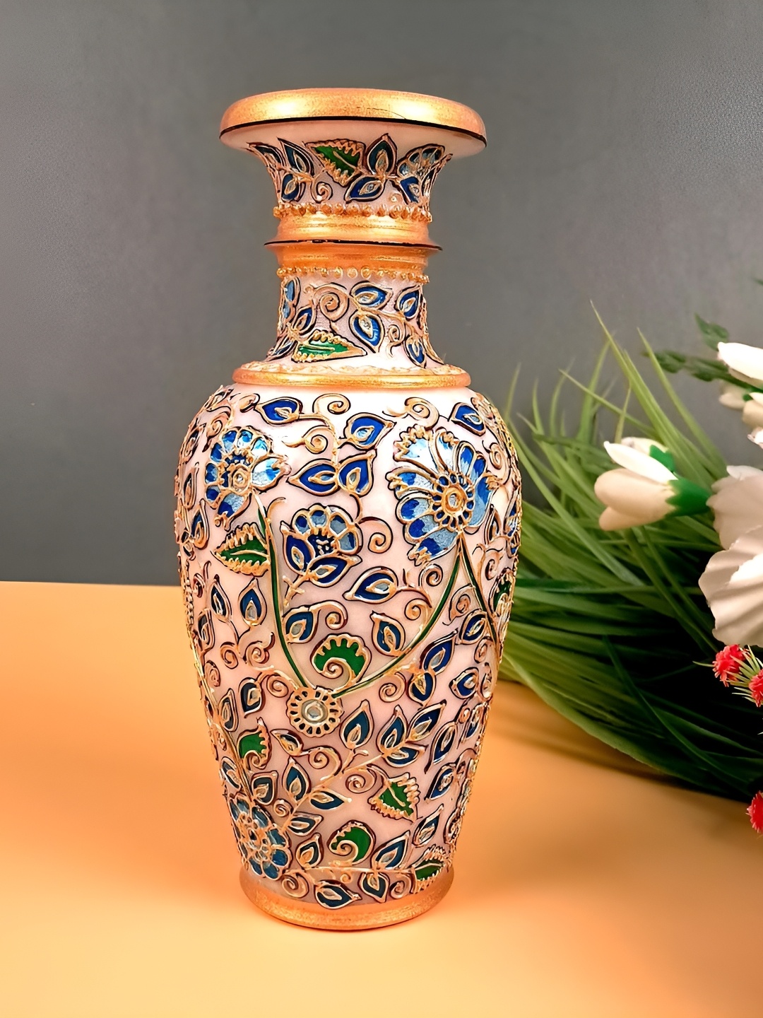 

apka mart White & Blue Floral Pattern Flower Vase
