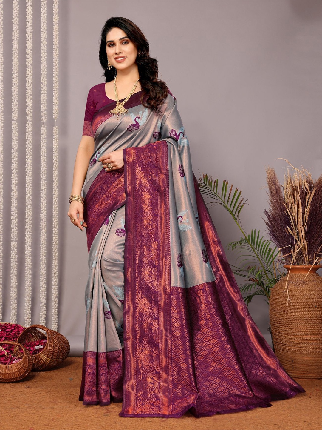 

vj fashion Woven Design Zari Ethnic Festive Saree, Purple