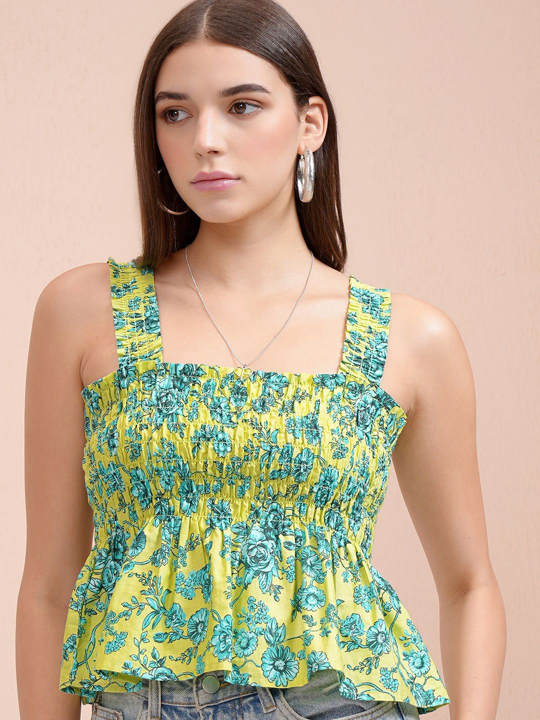 

Tokyo Talkies Floral Printed Smocked Cotton Casual Peplum Top, Lime green