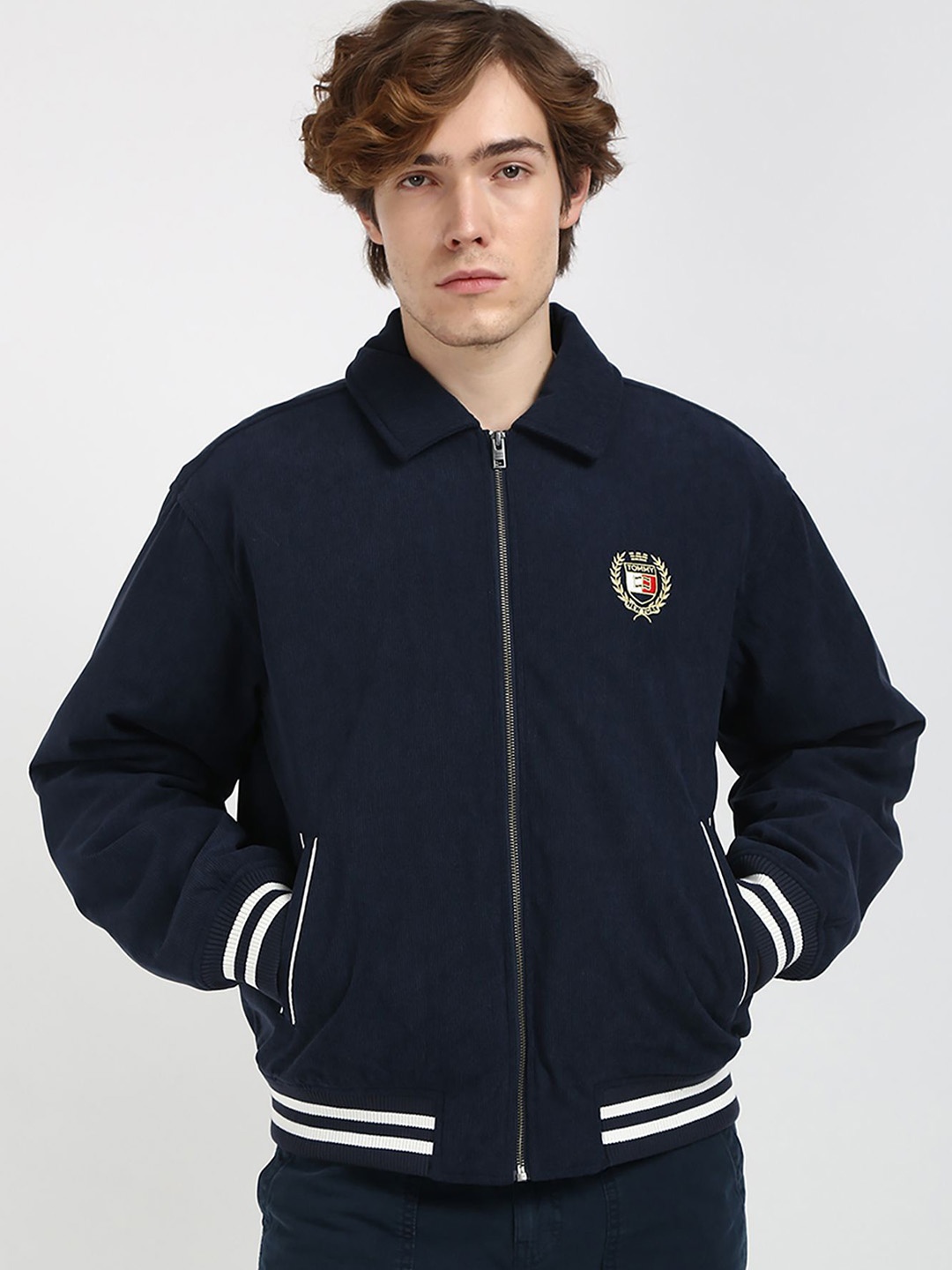 

Tommy Hilfiger Men Spread Collar Solid Casual Bomber Jacket, Navy blue