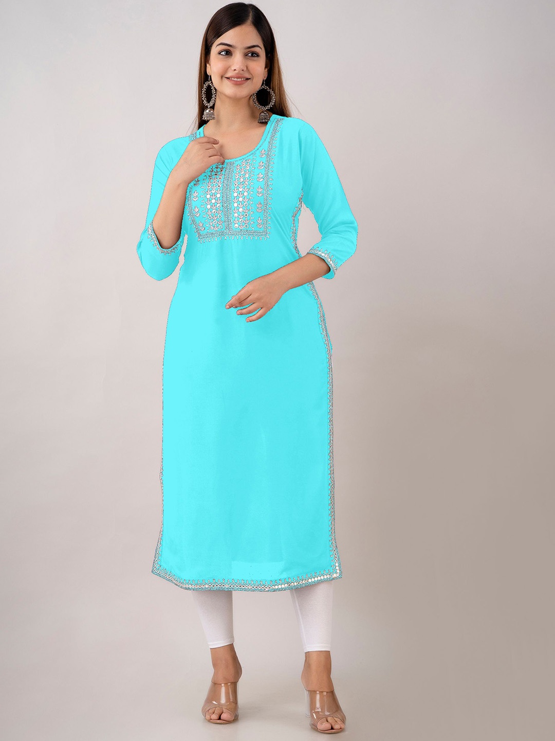 

zeenat libas Floral Embroidered Regular Straight Kurta, Turquoise blue