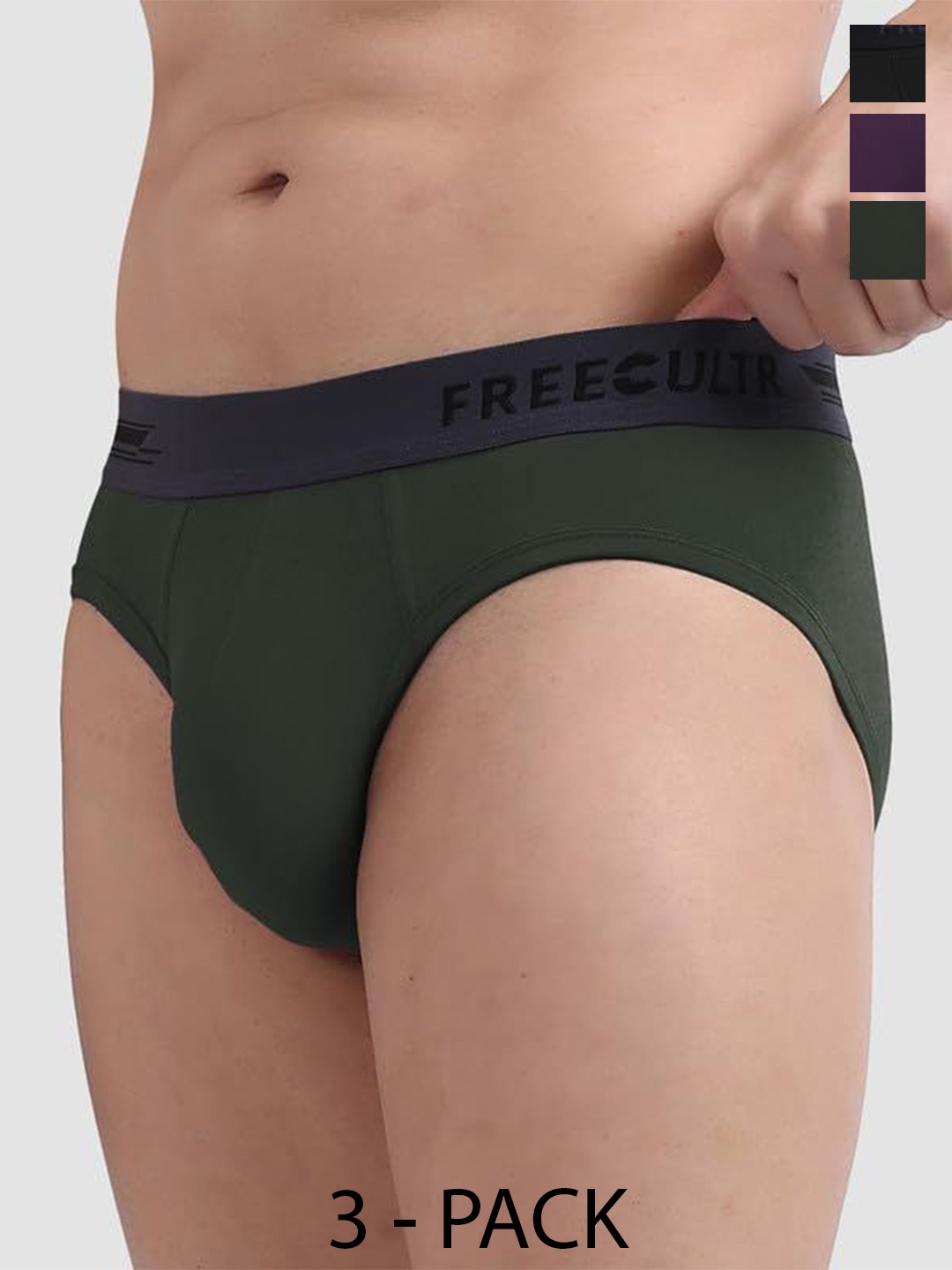 

FREECULTR Men Pack Of 3 Anti Bacterial Basic Briefs FC-XT-B-POB-SEG-TV_L, Olive