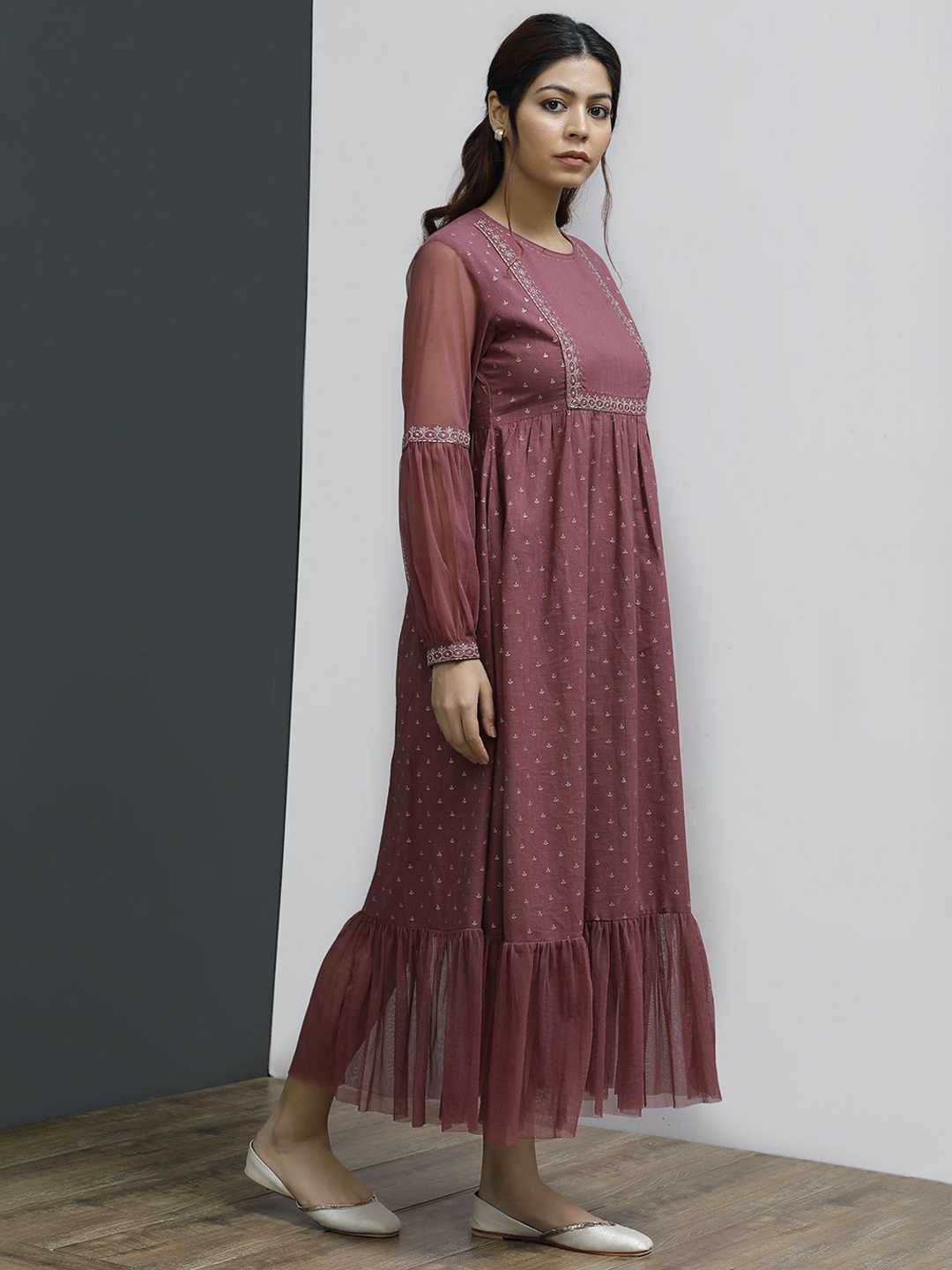 

TJORI Women Hand Block Printed Front Gathered Maxi Midi Dress, Purple