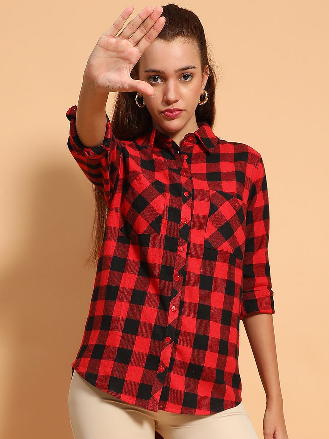 

Oxolloxo Women Smart Spread Collar Buffalo Checked Cotton Casual Shirt, Red