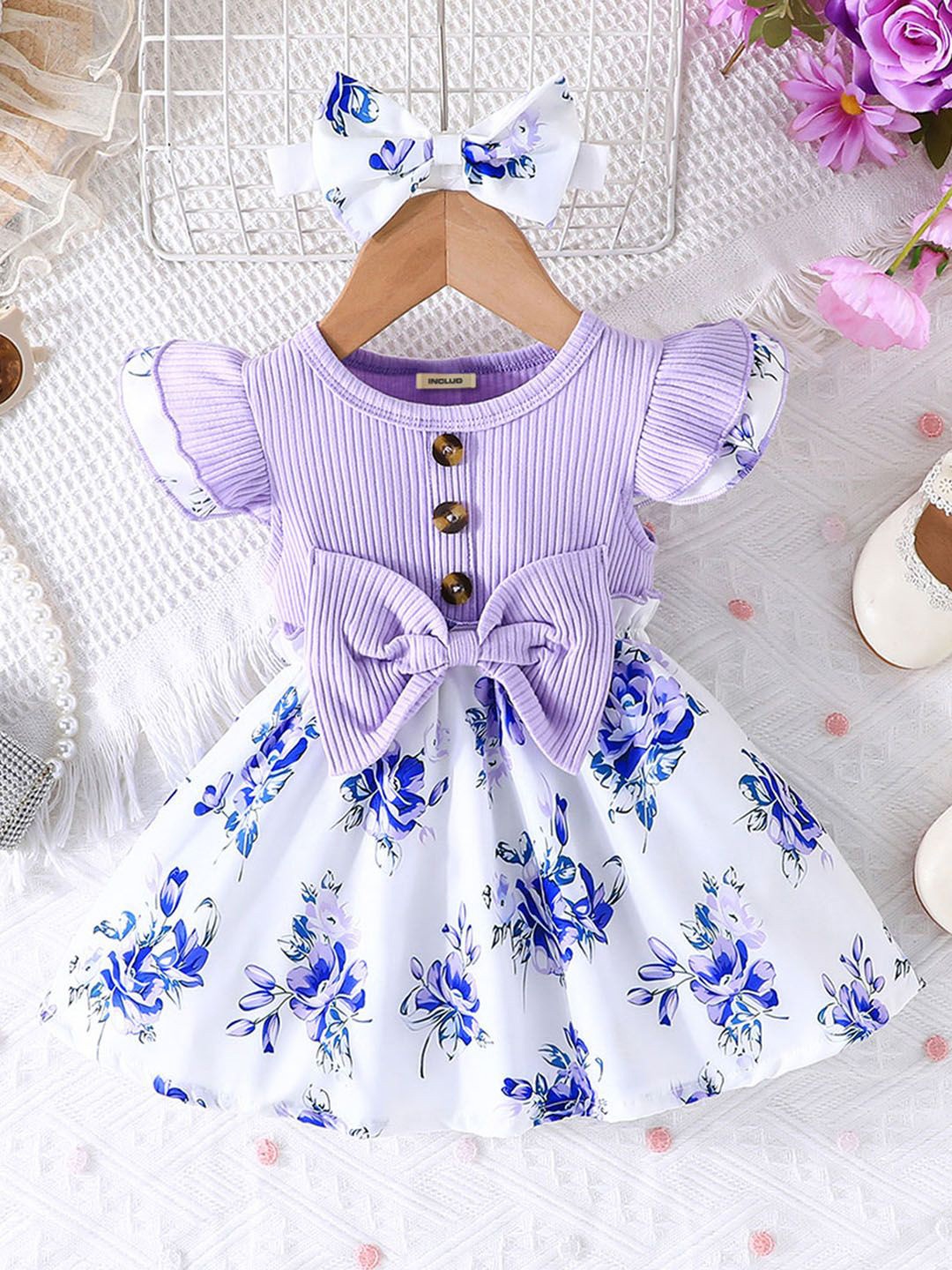 

INCLUD Girls Floral Printed Flared Sleeve Fit & Flare Dress, Purple