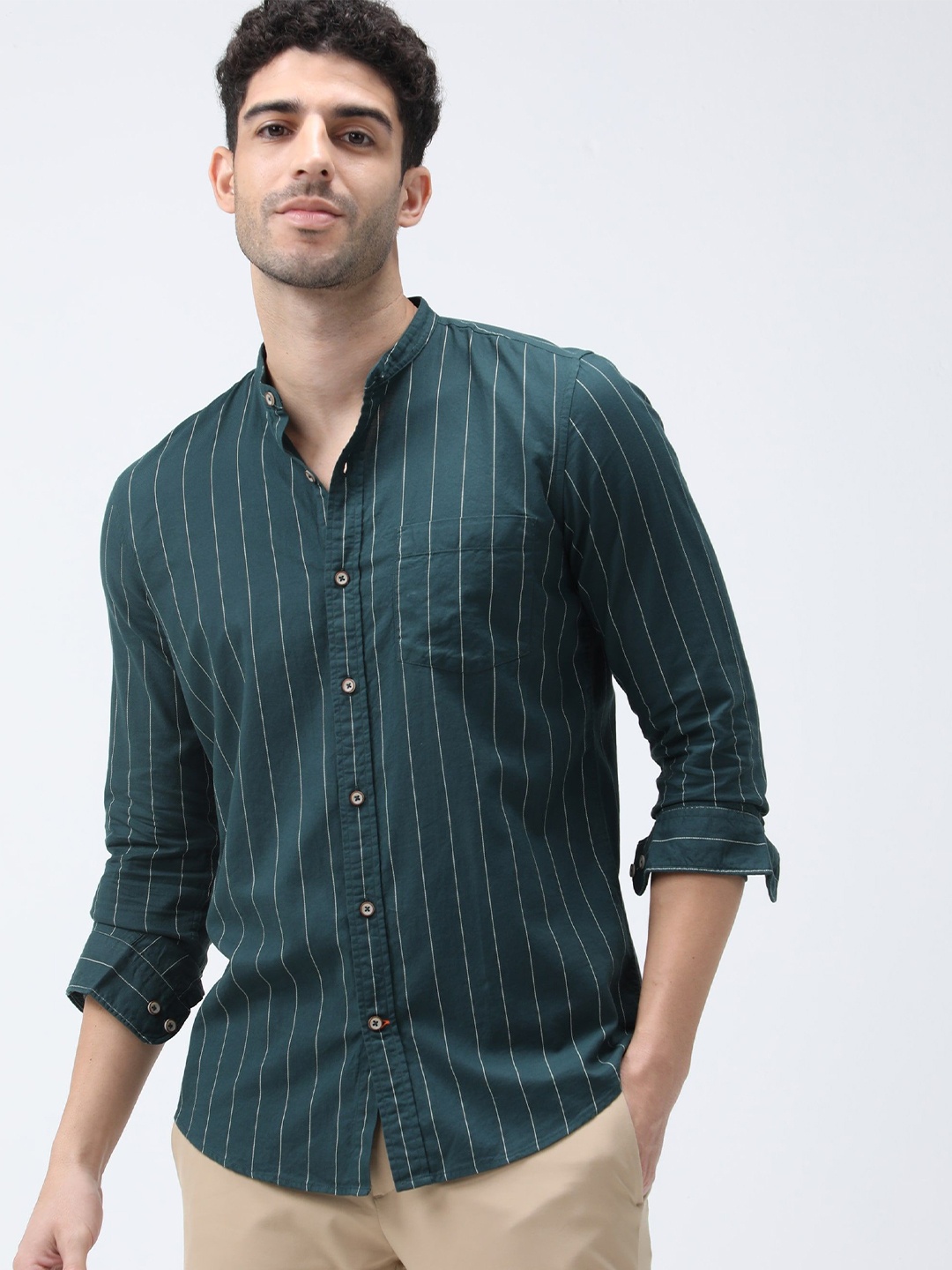 

BARE BROWN Men Band Collar Vertical Striped Cotton Casual Shirt, Green