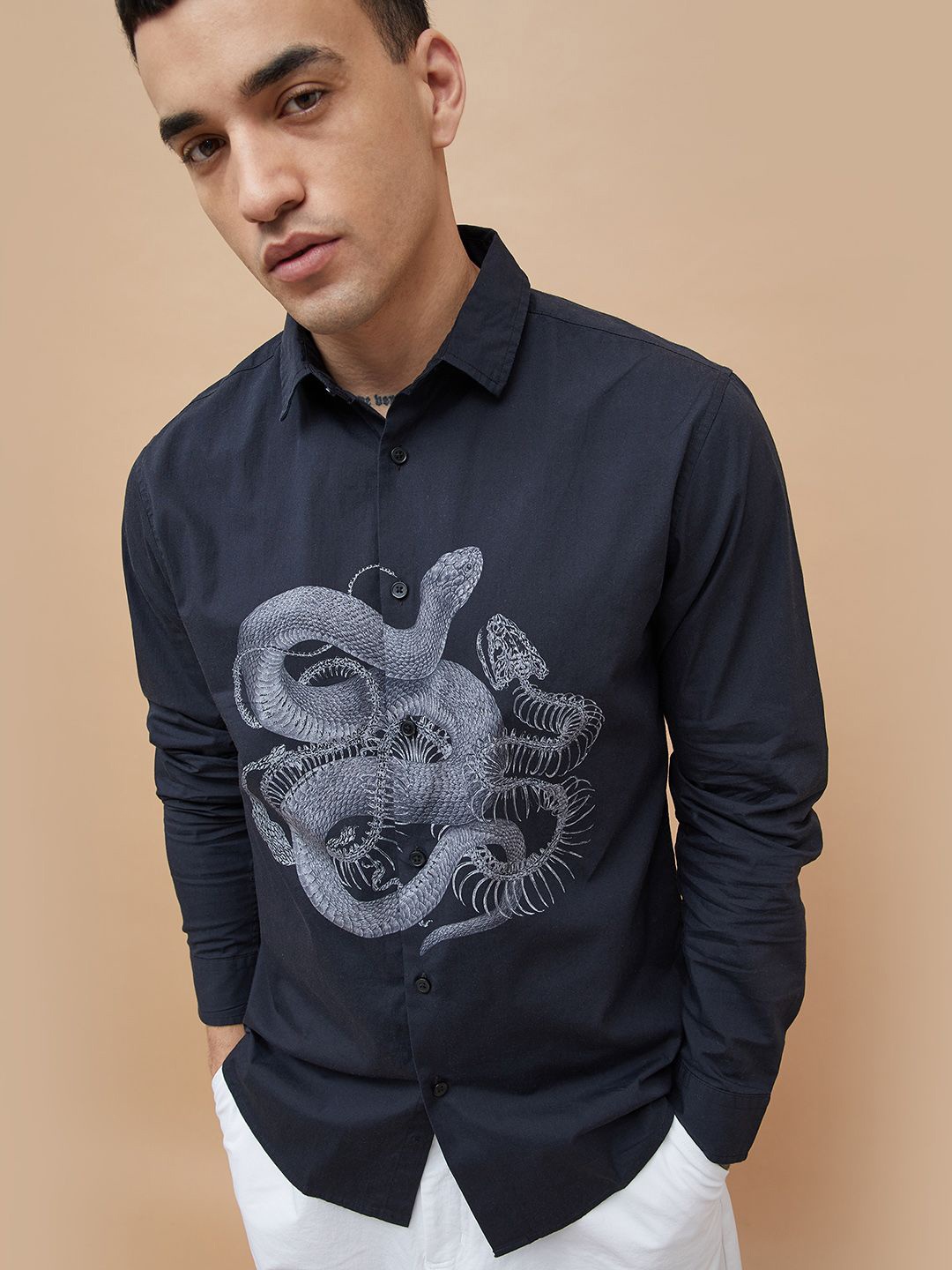 

Forca Men Cutaway Collar Graphic Printed Cotton Casual Shirt, Navy blue