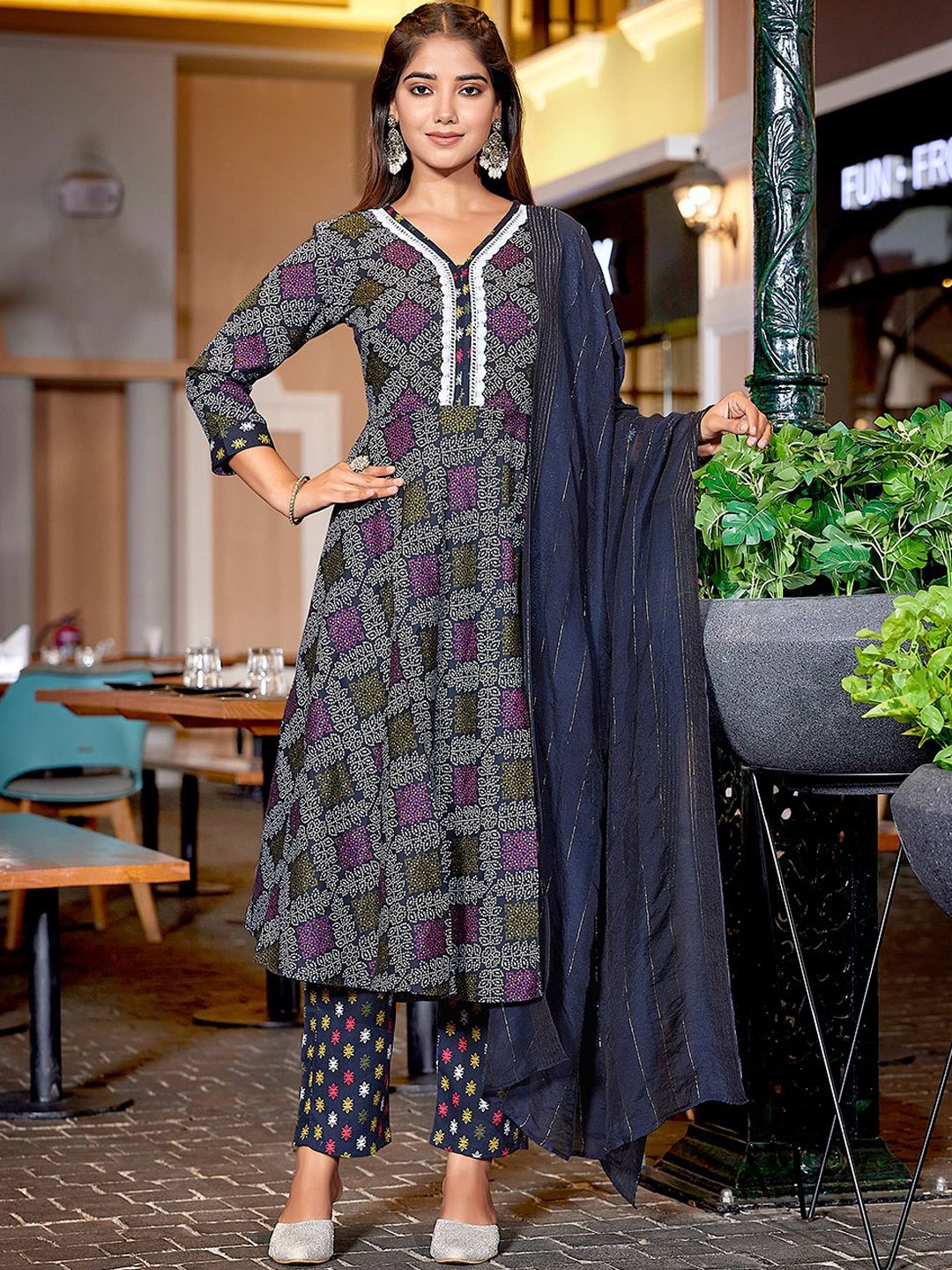 

Royal Export Floral Printed Anarkali Kurta With Trousers & Dupatta, Navy blue