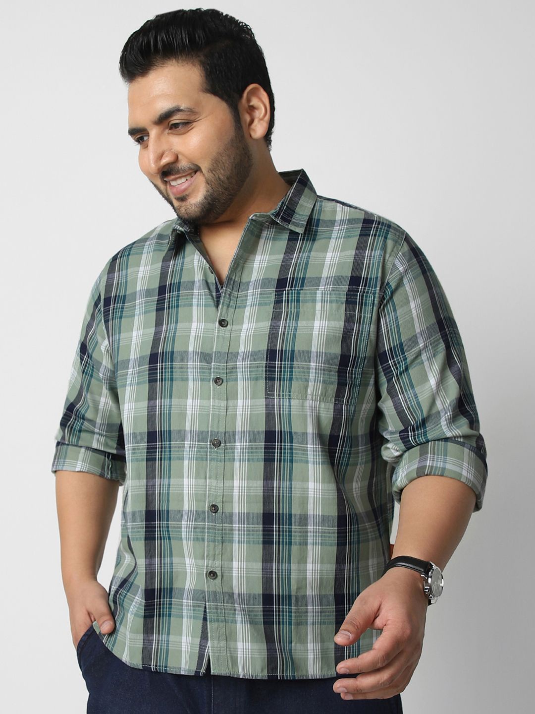 

Urbano Plus Men Plus Size Spread Collar Checked Cotton Casual Shirt, Green