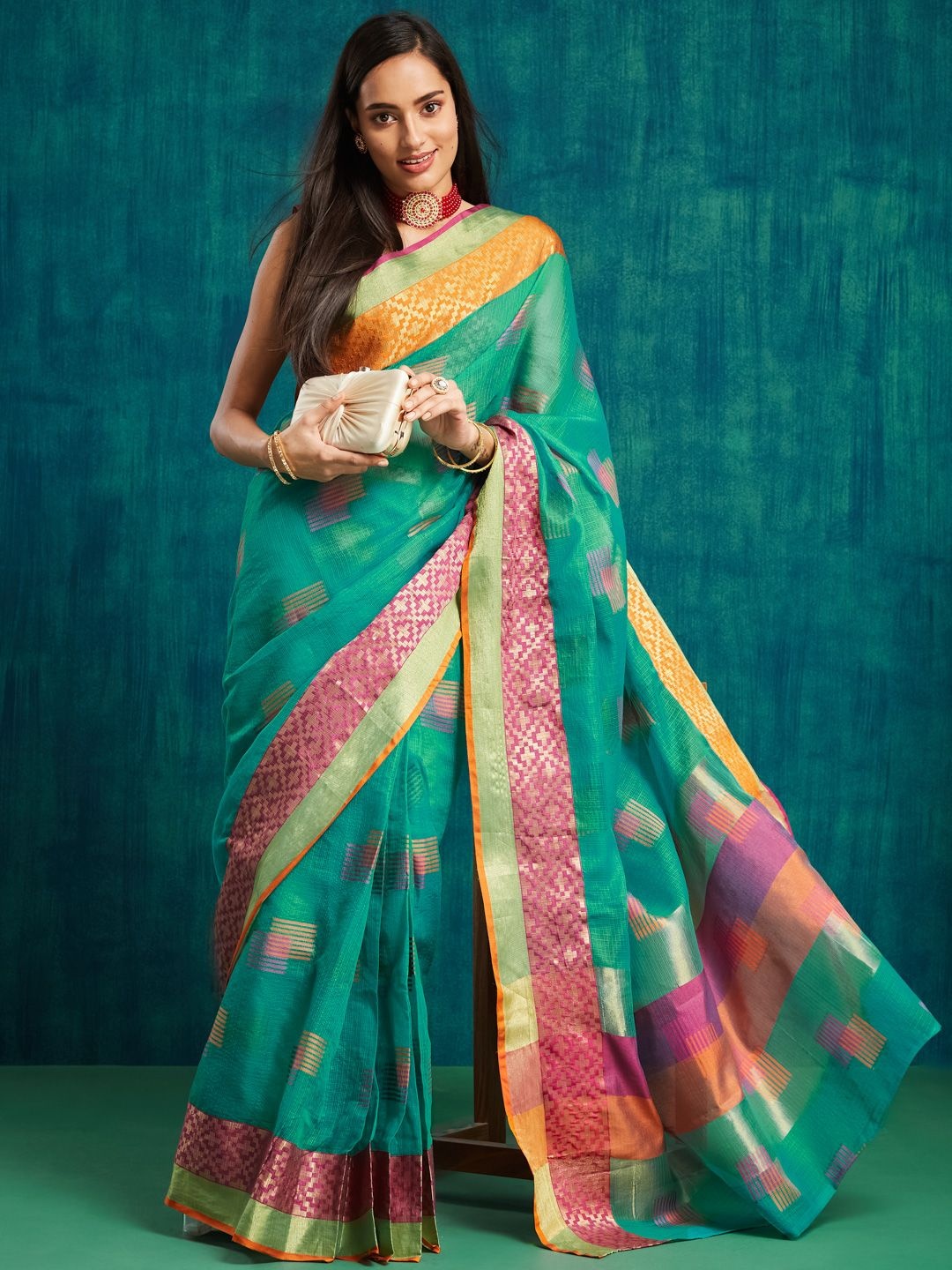 

RACHNA Geometric Printed Woven Design Dharmavaram Saree, Green