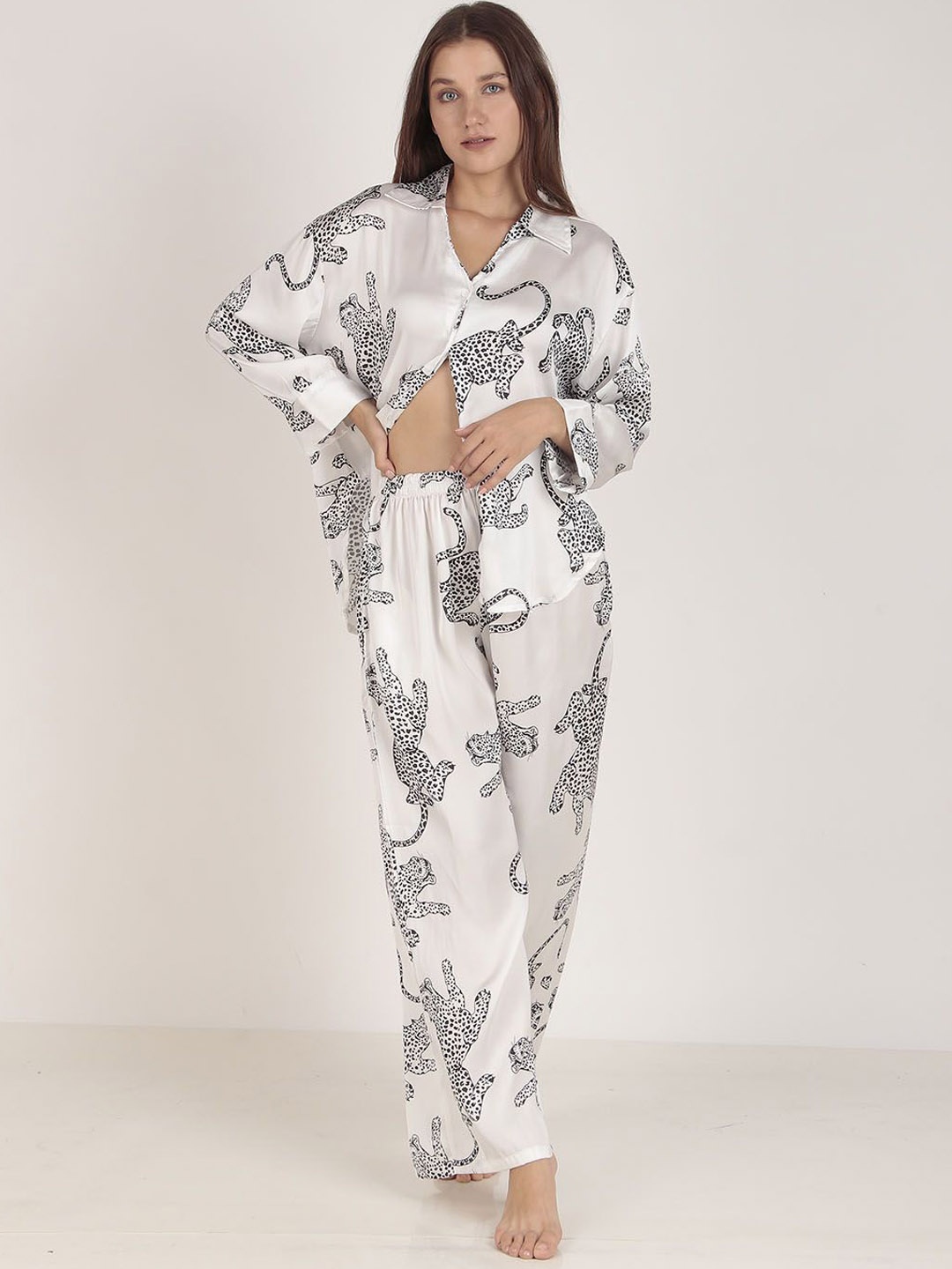 

Masha Women Conversational Printed Satin Oversized Night suit, White