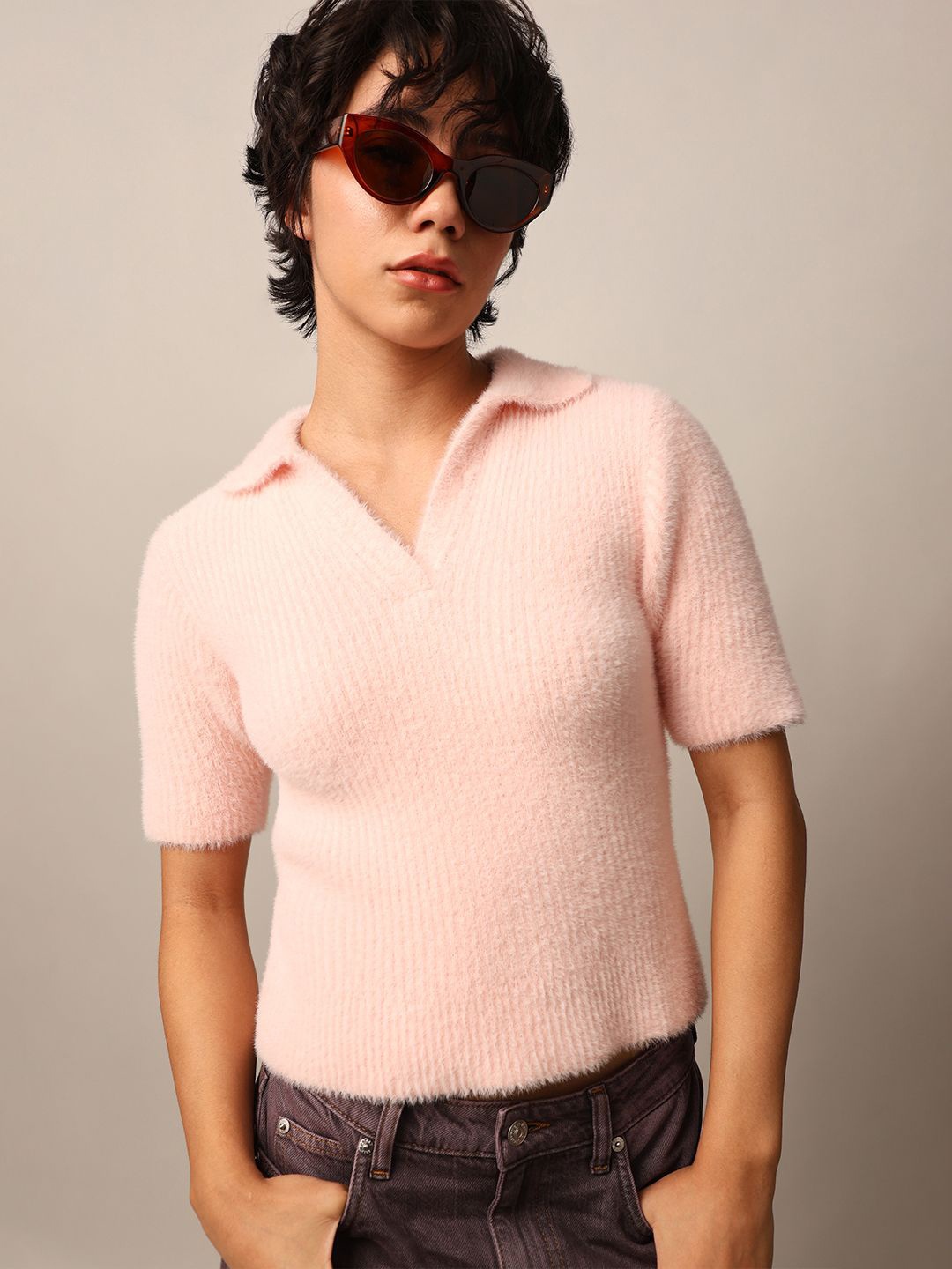 

ONLY Women Pink Shirt Collar Short Sleeves Casual Top