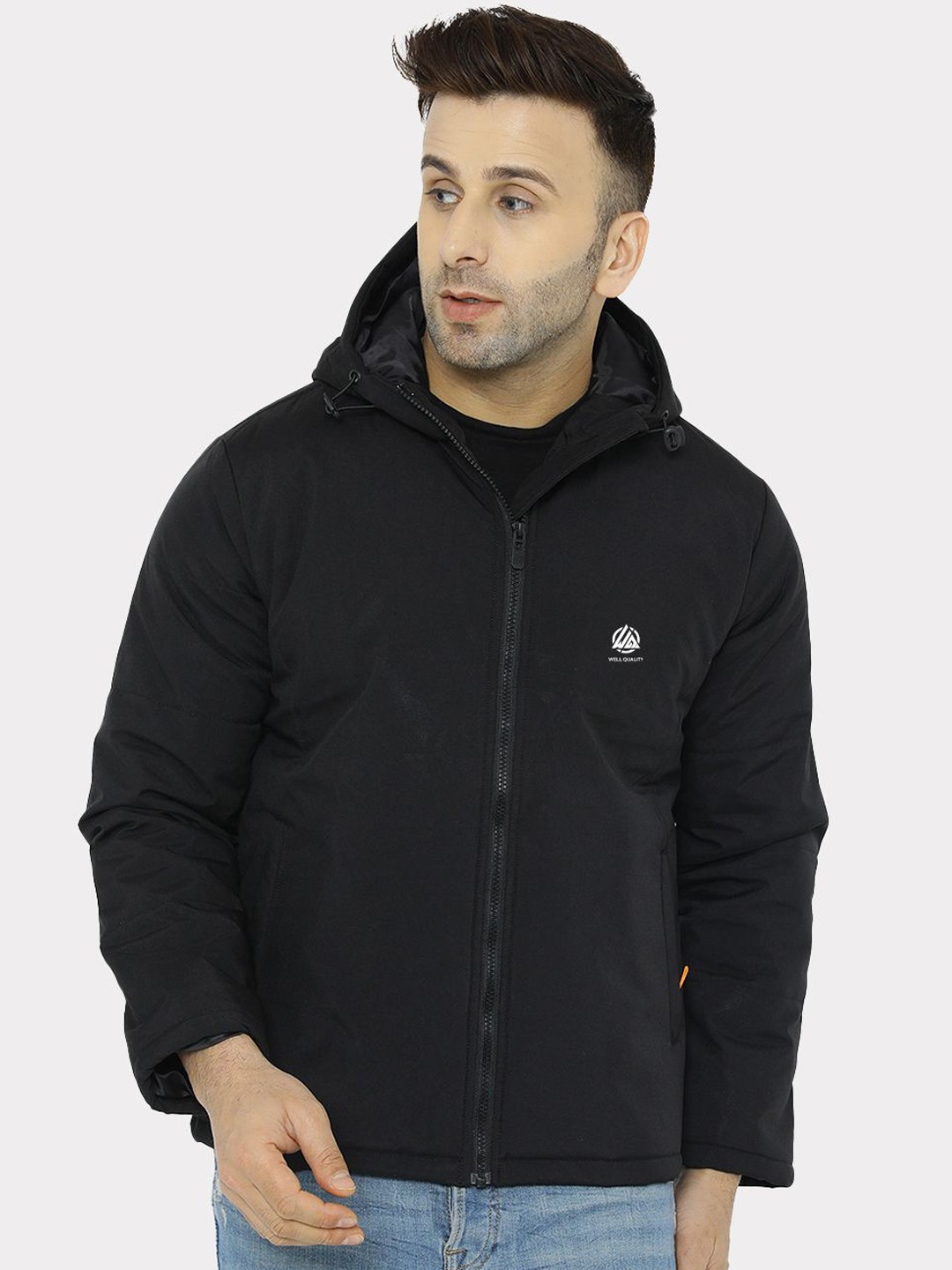 

WELL QUALITY Men Hooded Solid Casual Bomber Jacket, Black