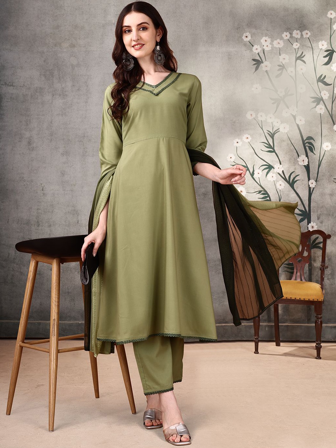 

KALINI V-Neck Anarkali Kurta With Palazzos & Dupatta, Green