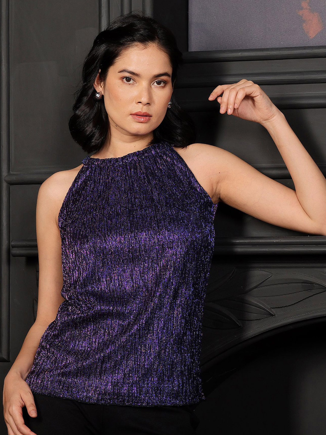 

SALT ATTIRE Women Halter Neck Sleeveless Top, Purple