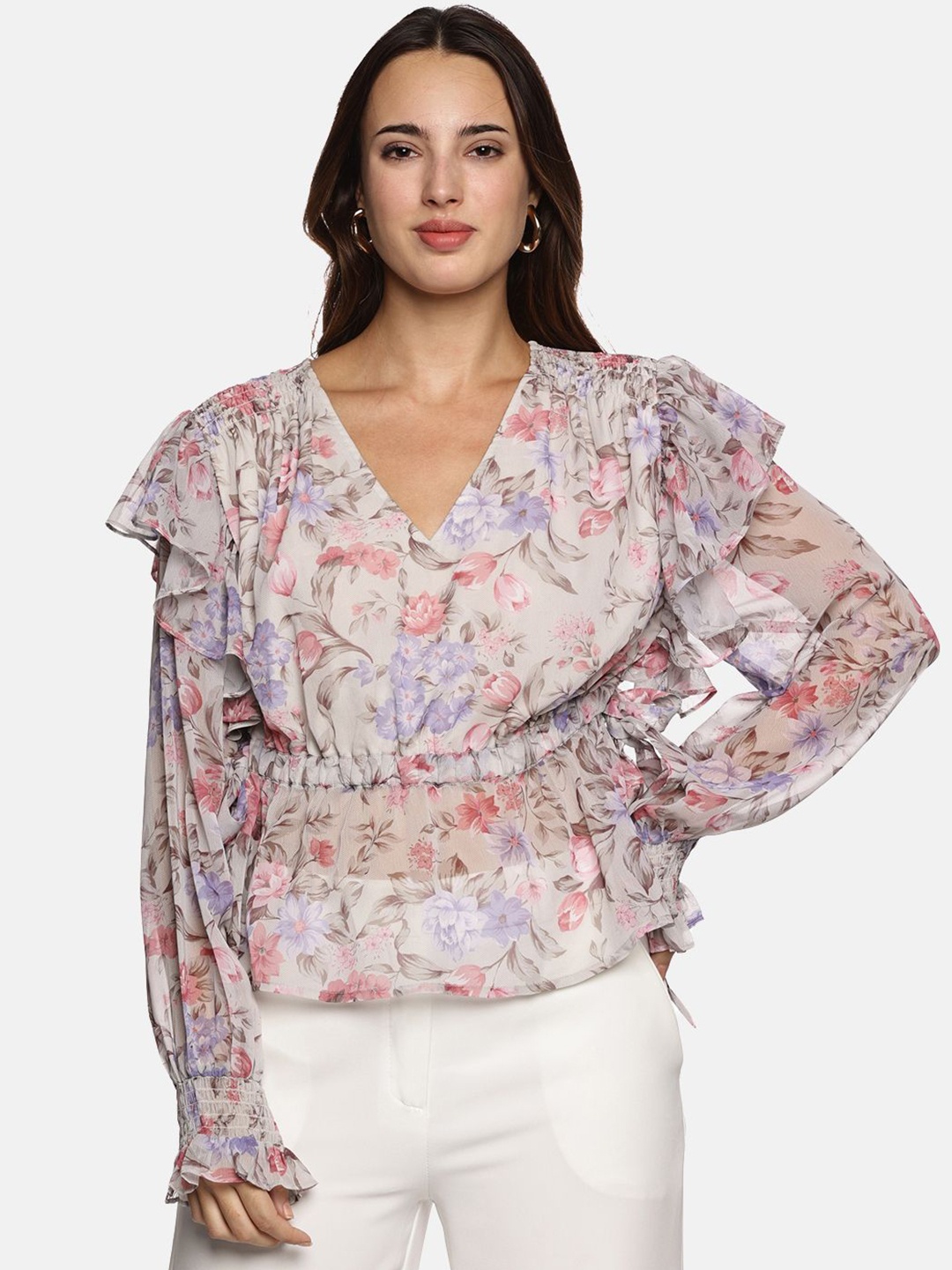 

ISU Women Floral Print Blouson Top, Beige